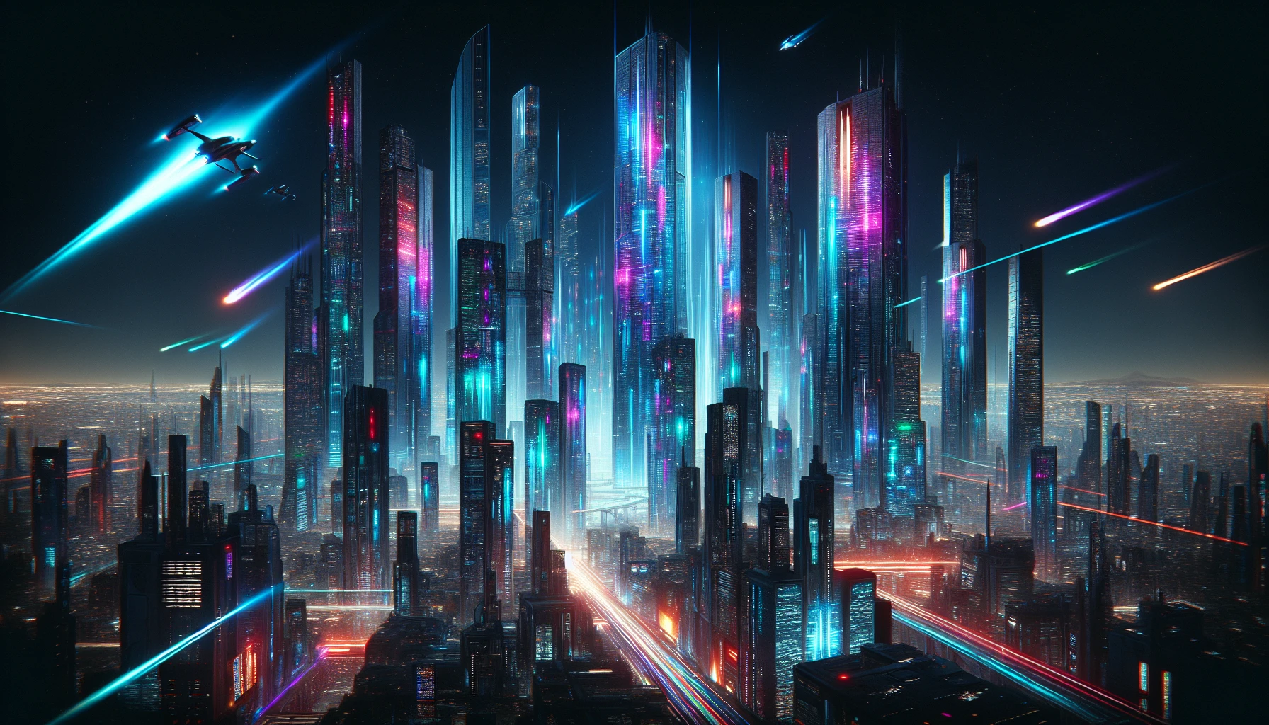 Immerse yourself in a breathtaking cyberpunk skyline, where towering skyscrapers pierce the night sky, adorned with vibrant holograms pulsating in vivid colors. Flying cars zip through the air, leaving trails of light in their wake against a backdrop of deep shadows. High-contrast lighting casts an electrifying glow, creating an atmosphere that is both futuristic and thrilling—an urban landscape alive with energy and possibility.