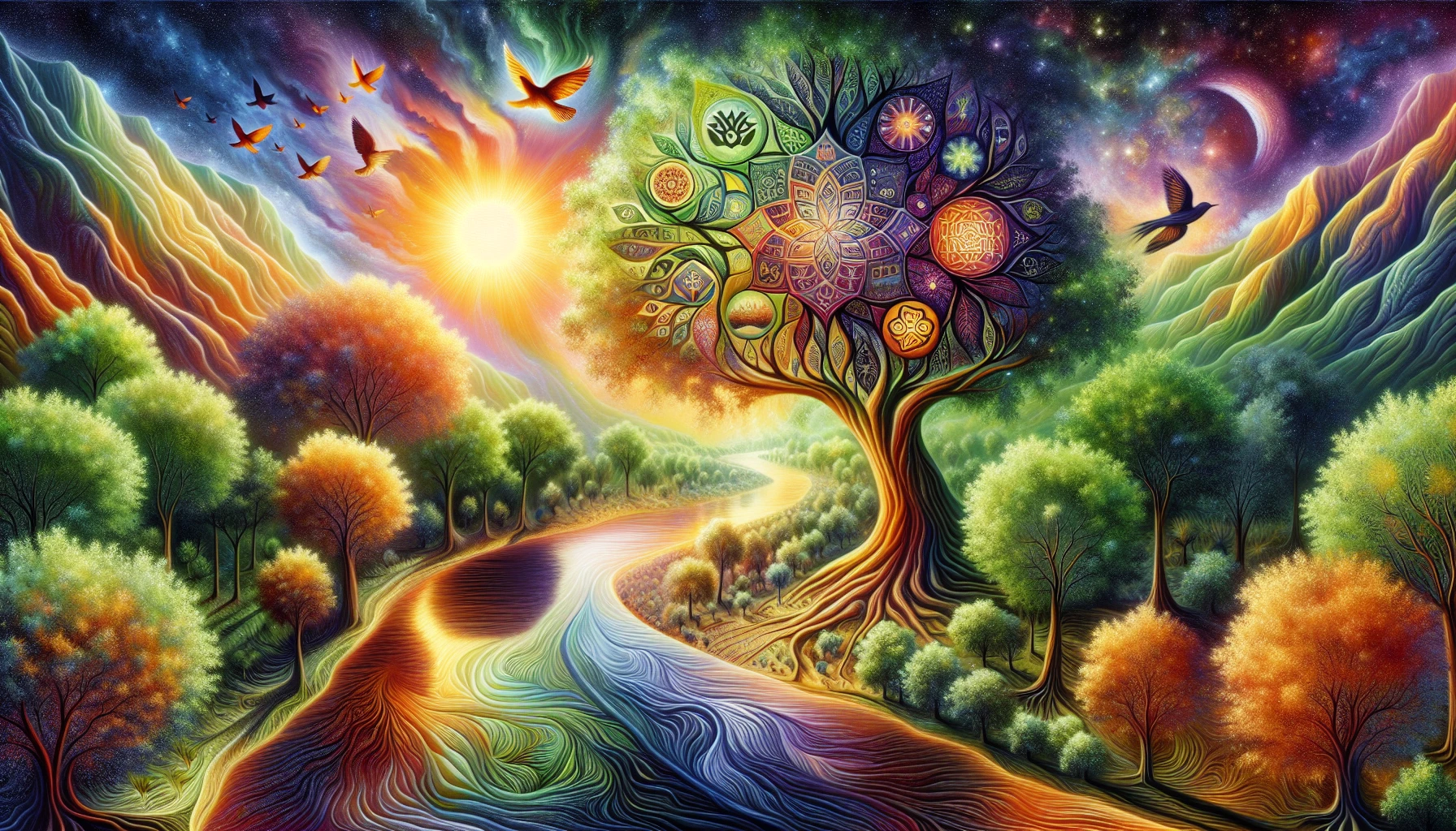 A vibrant landscape emerges, where nature and symbolism intertwine seamlessly. Majestic trees tower over a serene river, each leaf adorned with ancient symbols representing wisdom and growth. A luminous sun casts intricate shadows, while birds soar above, embodying freedom. This harmonious scene invites the viewer to reflect on the deeper meanings hidden within nature's beauty, creating a mystical atmosphere that resonates with the heart and soul.