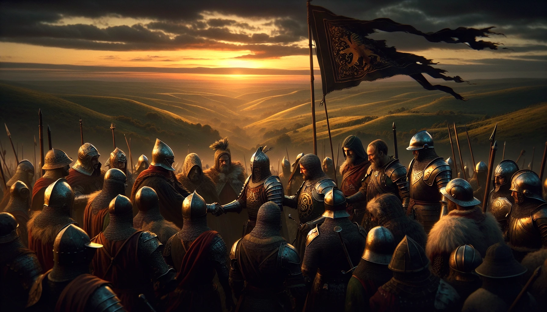 In a dramatic twilight setting, warriors clad in ornate armor gather atop a windswept hill, their faces illuminated by the last rays of the sun. An air of solemnity fills the atmosphere as they share heartfelt farewells, clasping hands and exchanging tokens of hope. Lush valleys stretch behind them, hinting at the fierce battle to come, while a lone banner flutters defiantly in the wind, embodying their unwavering spirit.