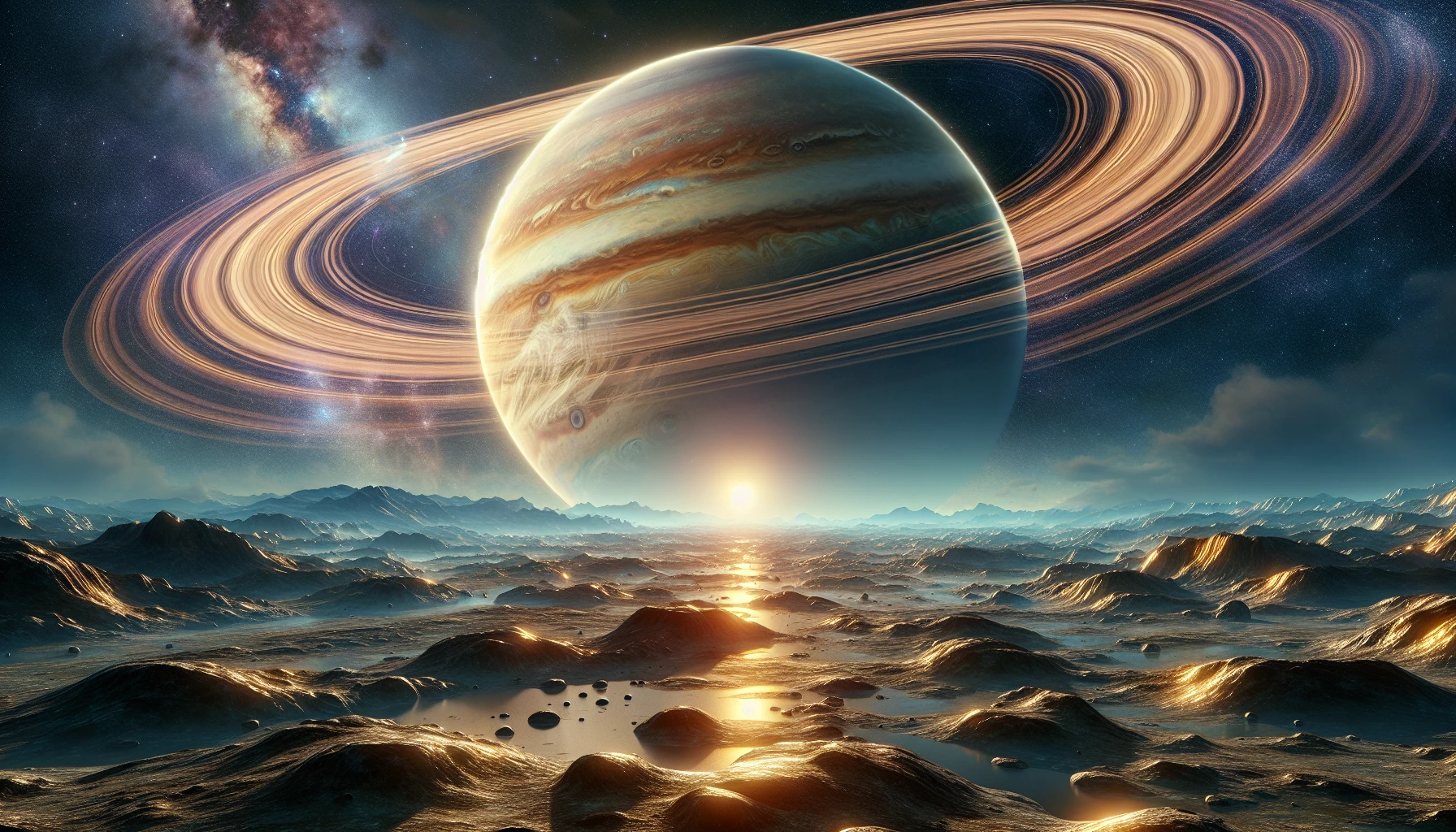 Capture a stunning view of a colossal ringed gas giant looming majestically in the sky, as seen from a tranquil moon's surface. The vibrant rings sparkle with shades of gold and silver, casting ethereal reflections on the rocky terrain. Wisps of cloud swirl around the giant's atmosphere, while distant stars twinkle in the vast cosmos. This breathtaking scene invites viewers to explore the wonders of an alien world.