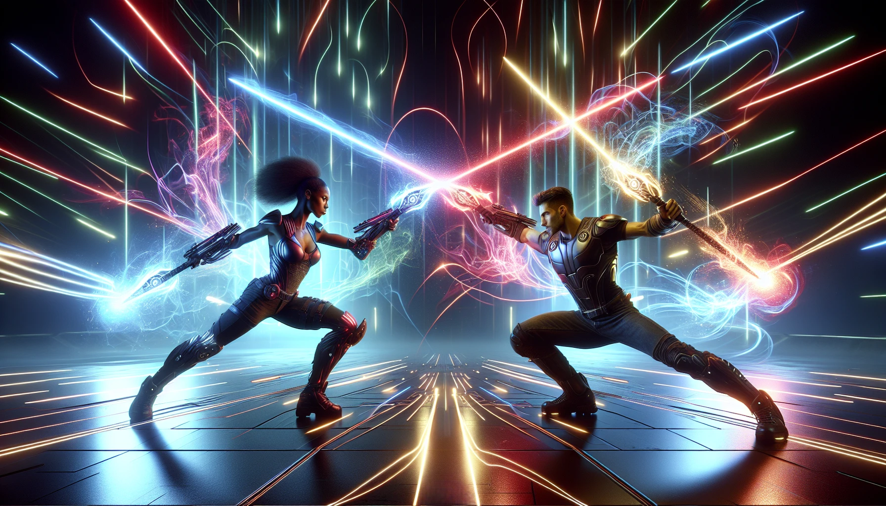 Sparks of Destiny: A Laser Duel  
In a futuristic arena, two warriors clash with glowing laser swords, their blades igniting the air with vibrant bursts of color. Sparks fly like fireworks, illuminating their fierce expressions as they engage in a dance of skill and power. The background pulsates with swirling neon lights, while shadows play across the sleek metallic surfaces. Each strike sends electric energy cascading in brilliant arcs, capturing the raw intensity of their epic confrontation.