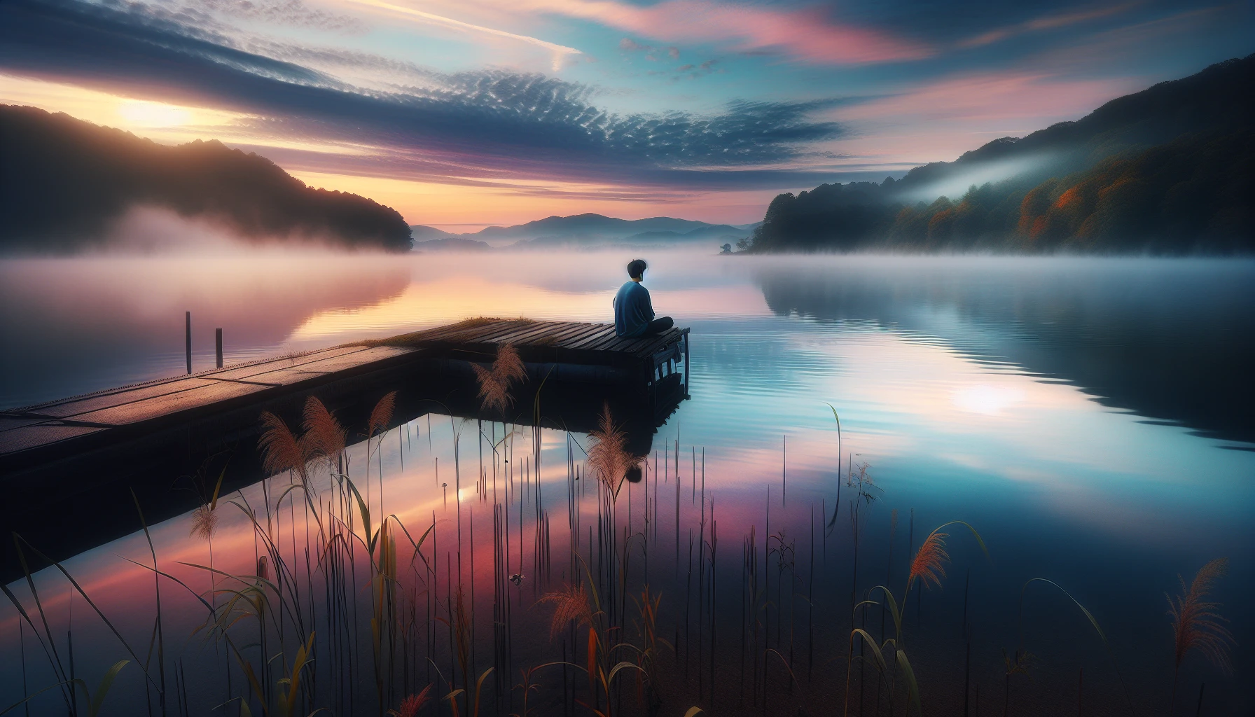 A serene lakeside at dawn, where mist gently rises from the glassy water, reflecting the soft hues of a pastel sky. A lone figure sits on a weathered dock, lost in thought, surrounded by tall grasses swaying in the cool morning breeze. The tranquility of the scene evokes deep emotions, inviting viewers to ponder their own moments of solitude and reflection amidst nature's beauty.