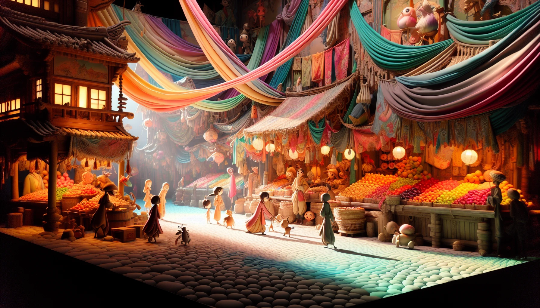 Dive into a captivating scene where 3D-rendered anime characters come to life with hyper-realistic textures. Imagine a vibrant marketplace bustling with intricately detailed stalls adorned with vivid fabrics and glistening fruits. Sunlight casts soft shadows, enhancing the lifelike skin tones and fabric drapes of the characters as they interact. The blend of fantasy and reality invites viewers into a world where anime's charm beautifully collides with realism.