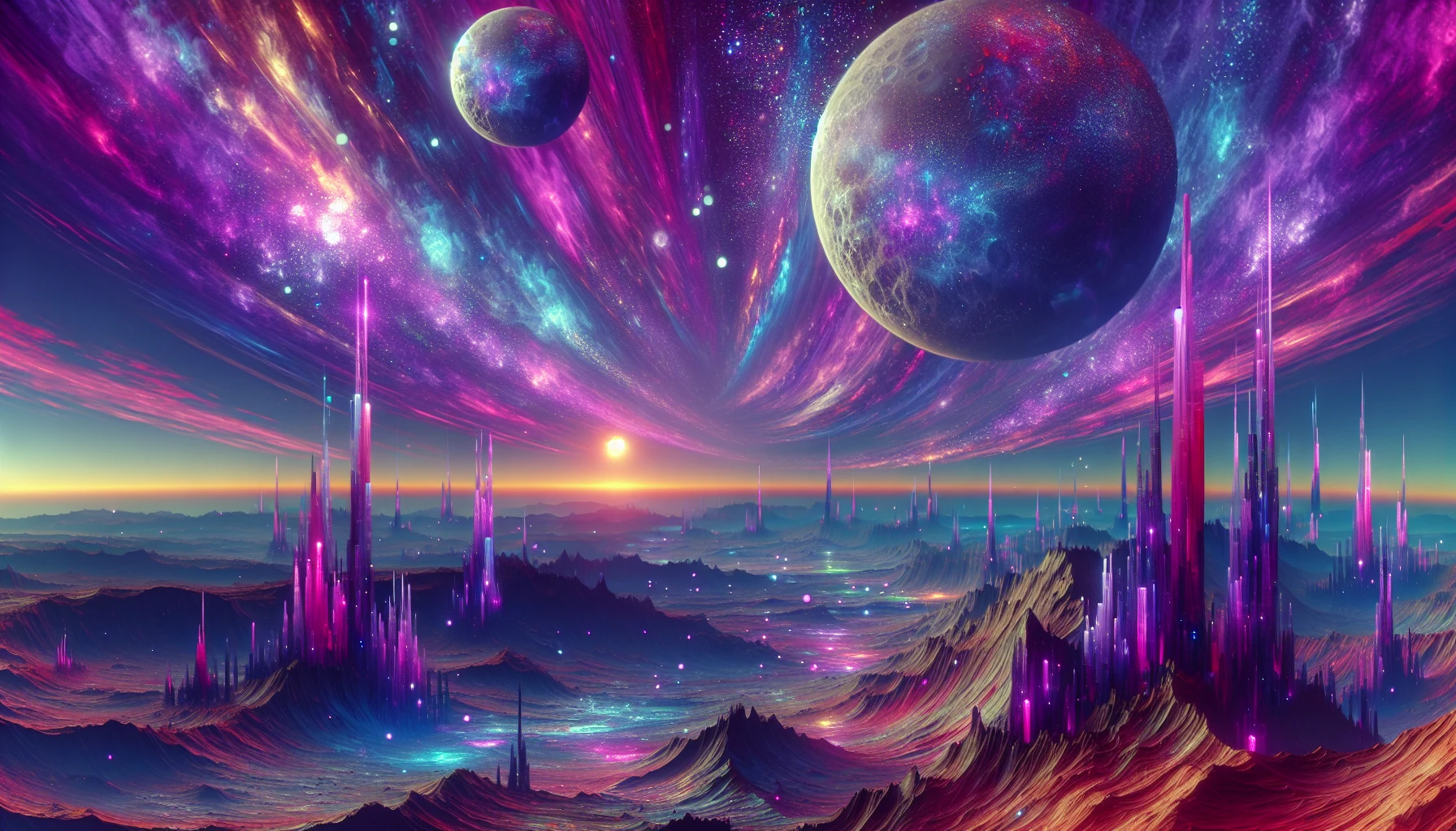 Imagine a surreal alien landscape where a vibrant purple sky swirls with hues of magenta and indigo. Below, a rugged terrain is highlighted by towering crystalline formations. In the foreground, three distinct moons hang in the atmosphere, each with its own color and texture, casting a mystical glow over the scene. The air shimmers with iridescent particles, creating an otherworldly ambiance that captivates the imagination.