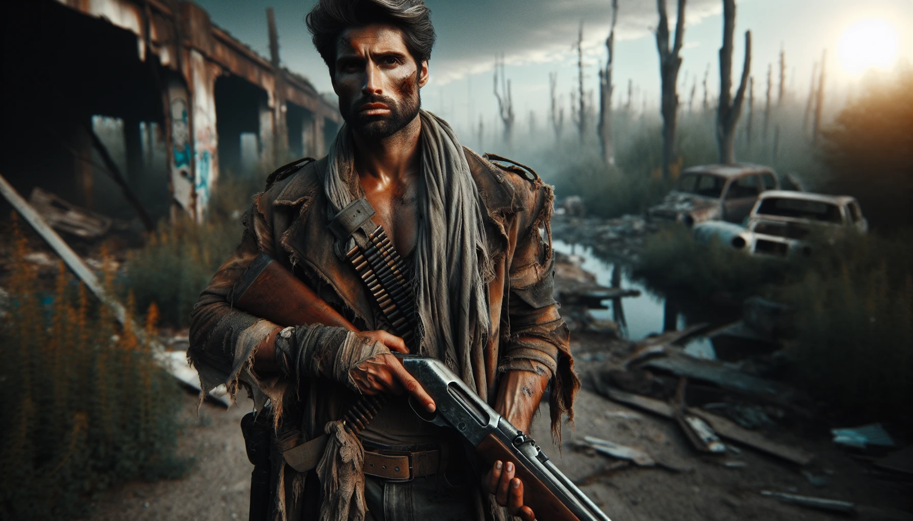 In a post-apocalyptic landscape, a rugged survivor stands defiantly, draped in tattered clothing that tells tales of hardship. Their worn expression reflects resilience, with dirt-streaked skin and unkempt hair. Gripping a weathered rifle, they survey the desolate world around them, filled with crumbling buildings and overgrown vegetation. The atmosphere is thick with tension, hinting at unseen dangers lurking nearby, while the setting sun casts a haunting glow.