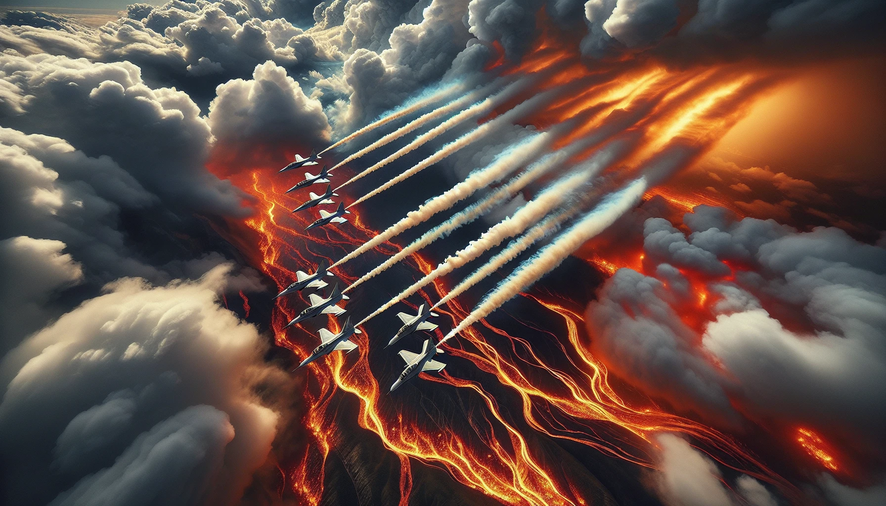 A squadron of sleek fighter jets pierces through swirling clouds, leaving trails of smoke against a backdrop of an inferno below. The landscape is ablaze with vibrant oranges and deep reds, flames licking at the charred earth, creating a stark contrast to the polished metallic surfaces of the aircraft. The scene radiates tension and power, capturing the chaotic beauty of war and nature intertwined.