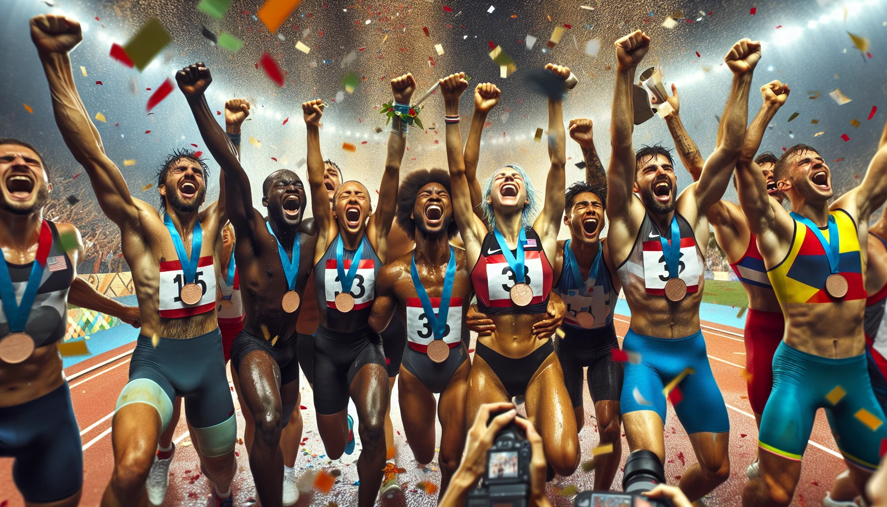 Capture the exhilarating moment of victory, where a diverse group of athletes, drenched in sweat and adorned with medals, embrace each other in a burst of joy. Their faces radiate pure elation, reflecting hard work and dedication. The backdrop features confetti raining down, vibrant team banners waving, and a cheering crowd, encapsulating the overwhelming joy and camaraderie that emerges from their hard-earned success.