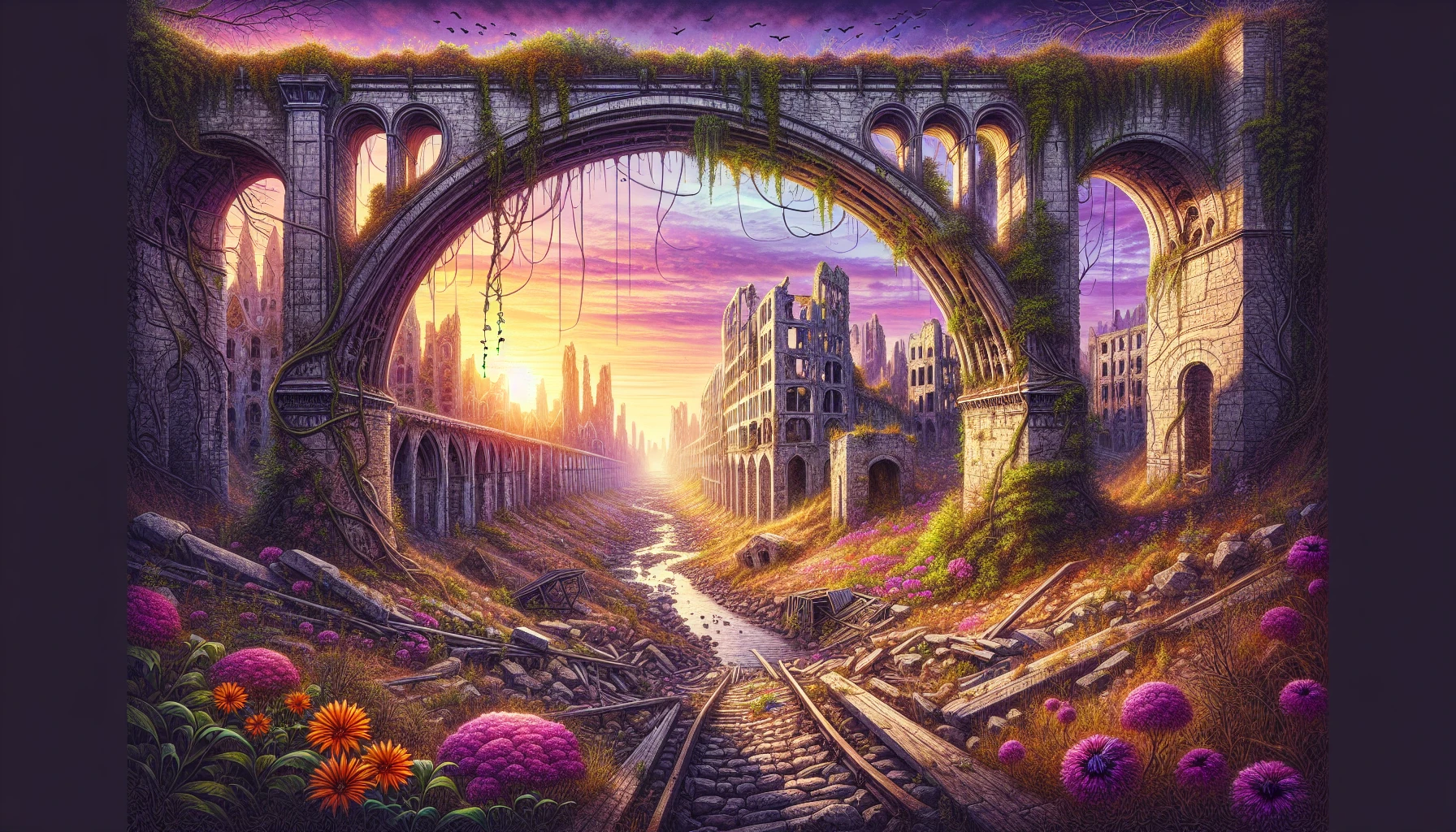 An ancient, crumbling bridge arches over a desolate city, where nature has slowly reclaimed the once-bustling streets. Vines snake through shattered buildings, and wildflowers bloom amid the debris. The sky is painted in hues of orange and purple as the sun sets, casting long shadows that dance on the stonework. This haunting scene captures the eerie beauty of decay and the passage of time.