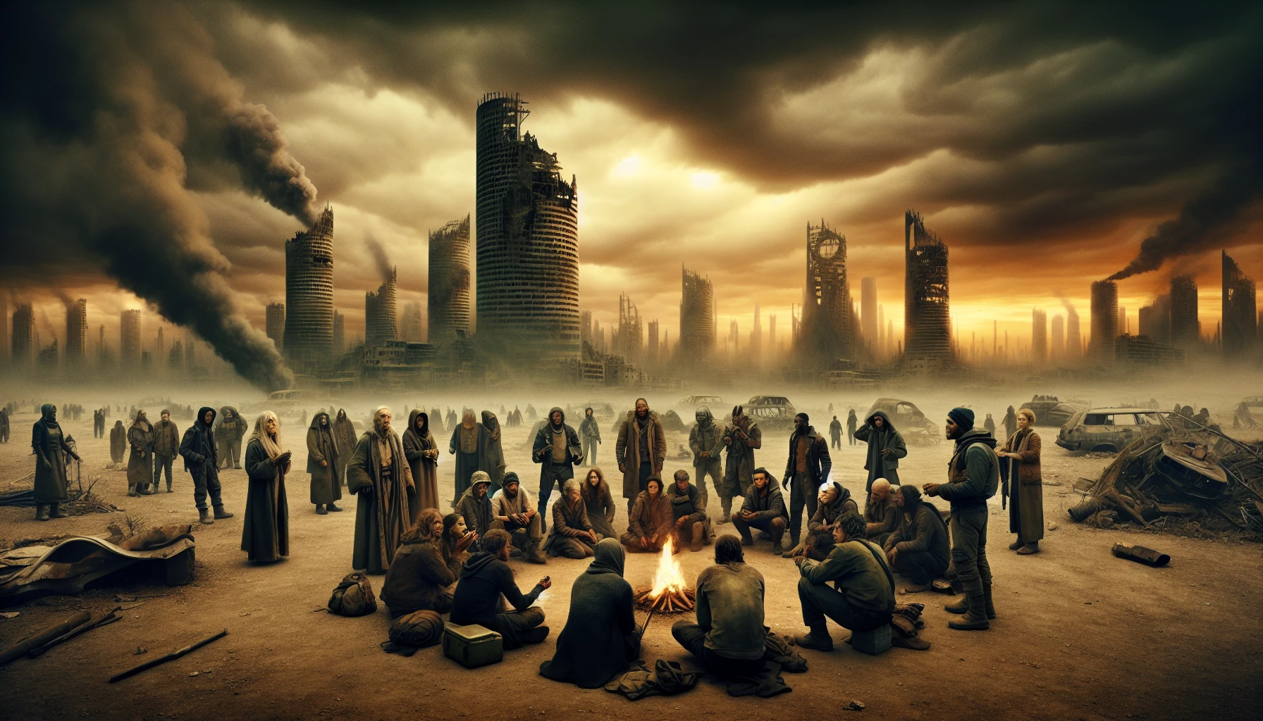 In a desolate landscape where crumbling skyscrapers stand as tombstones of a lost civilization, a small group of rugged survivors gathers around a flickering campfire. Tattered clothing and makeshift weapons hint at their resilience. The sky above is a murky orange, filled with swirling dust and distant thunder, while shadows of mutated creatures lurk in the background, ever challenging their fight for survival.