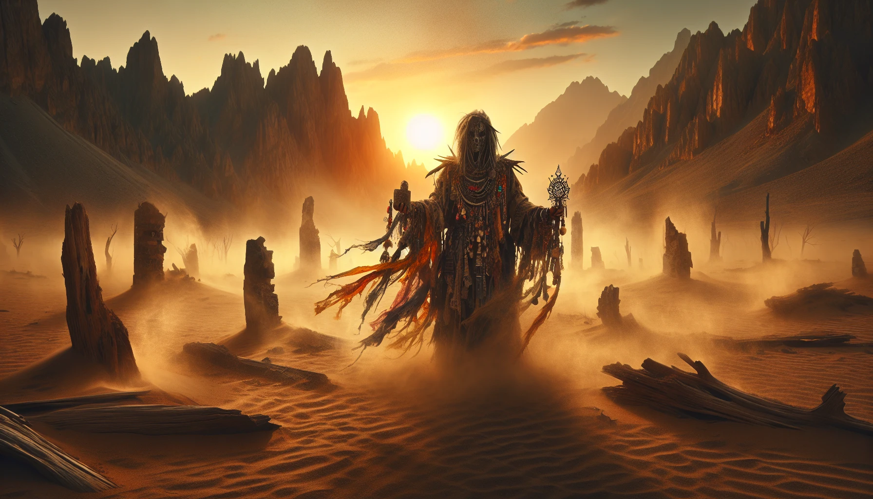 In a vast, desolate landscape where the remnants of civilization lie buried under layers of sand, a mystical shaman stands tall. Adorned in tattered, vibrant fabrics and intricate beads, they wield ancient artifacts glowing with ethereal energy. The sun sets behind jagged mountains, casting an orange hue over crumbling ruins, while swirling dust dances around them, hinting at untold stories and secrets of survival in a world reborn.