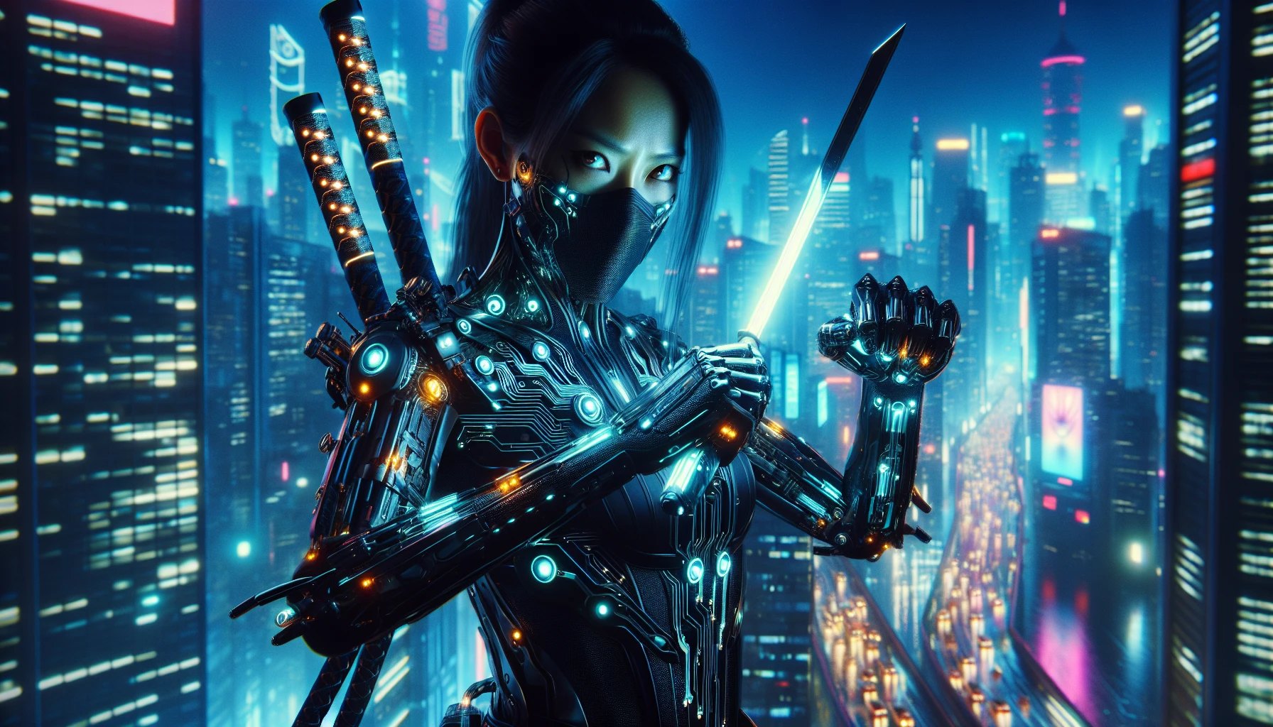 In a vibrant cyberpunk cityscape, a high-tech ninja stands poised atop a neon-lit rooftop. Clad in sleek black armor adorned with glowing circuitry, their fierce gaze pierces the night. In each hand, they wield shimmering blades that emanate an ethereal light, casting reflections on the rain-soaked streets below. The air hums with tension as they prepare to leap into action, blending advanced technology with ancient martial prowess.