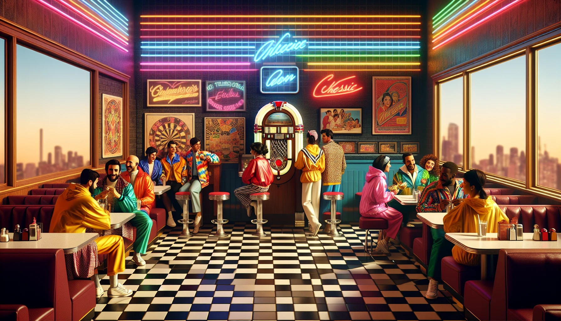 Step into a vibrant world where retro aesthetics come alive—think neon colors, vintage patterns, and iconic 80s designs. Picture a cozy diner adorned with checkerboard floors, a jukebox playing classic tunes, and patrons dressed in colorful windbreakers. The scene captures the essence of nostalgia with rich textures, playful typography, and a warm glow, inviting viewers to relive the excitement of simpler times.