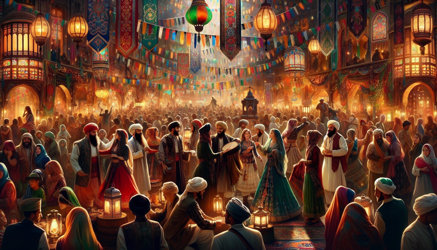 A grand celebration unfolds in a bustling marketplace, adorned with colorful banners and flickering lanterns. People of diverse backgrounds mingle, donning traditional attire that tells stories of their heritage. Joyful music fills the air as dancers perform intricate steps, their movements echoing centuries of ritual. The aroma of spices and sweets wafts from stalls, inviting all to partake in the rich tapestry of shared traditions and festive spirit.