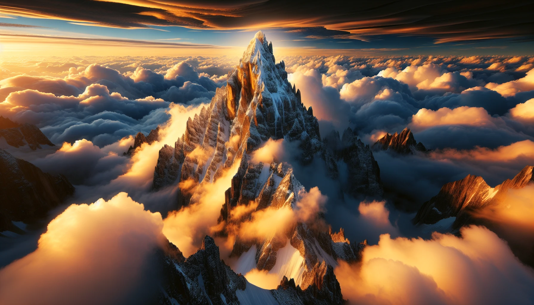 Envision a grand mountain peak piercing the soft layers of fluffy white clouds, bathed in the golden glow of sunrise. The rocky summit, adorned with patches of snow, contrasts beautifully against the vibrant blue sky. Wisps of mist swirl around the base, lending an ethereal quality to the scene. Below, the world fades away, creating a sense of solitude and tranquility high above the everyday hustle.