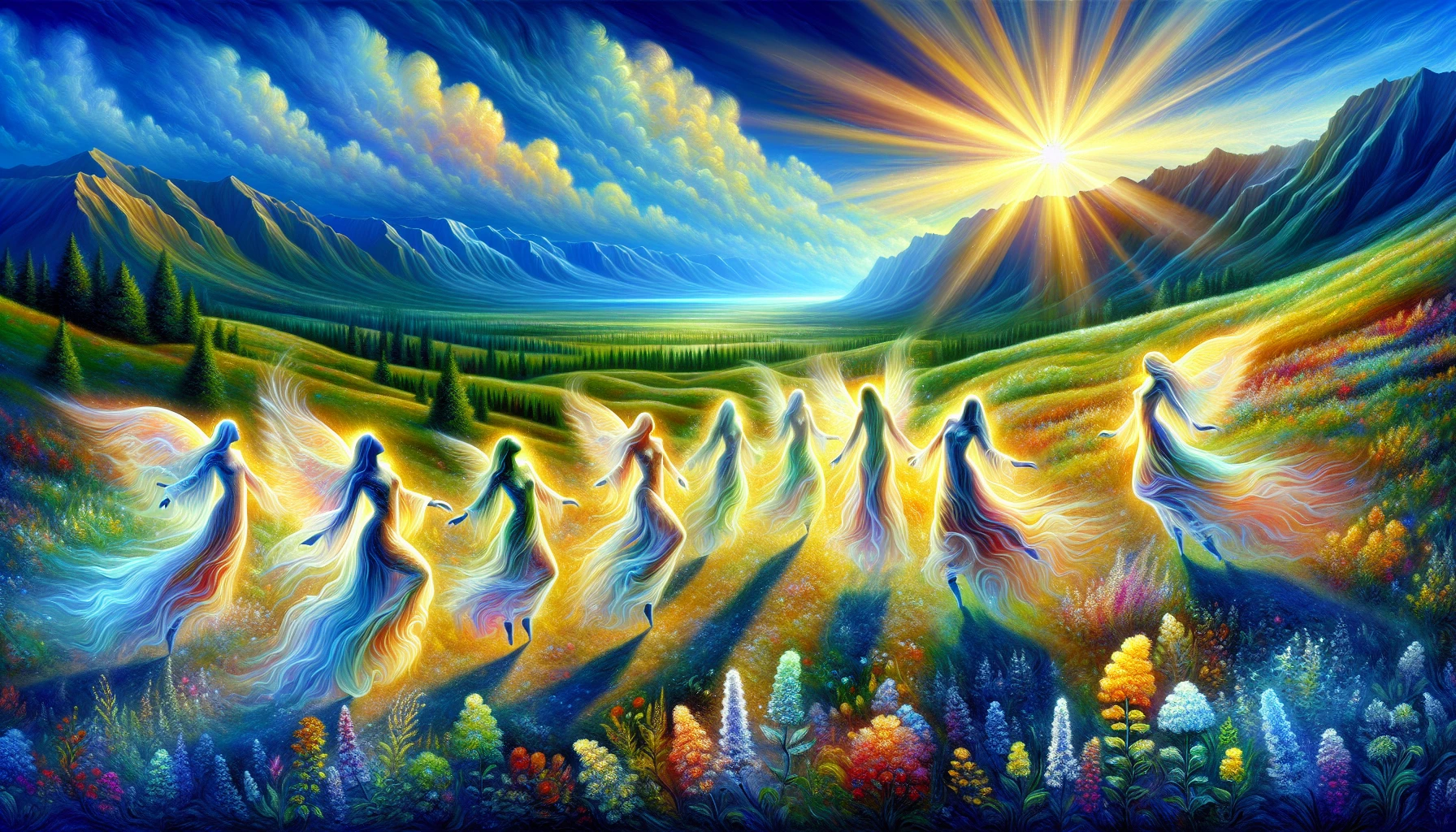 A vibrant scene illustrates a breathtaking landscape where radiant sunbeams break through the clouds, casting a golden glow upon lush green fields. Ethereal figures, symbolizing hope and dreams, dance gracefully among colorful wildflowers, their flowing garments shimmering with every movement. In the distance, majestic mountains rise against a cerulean sky, embodying the limitless potential of aspirations waiting to be realized.