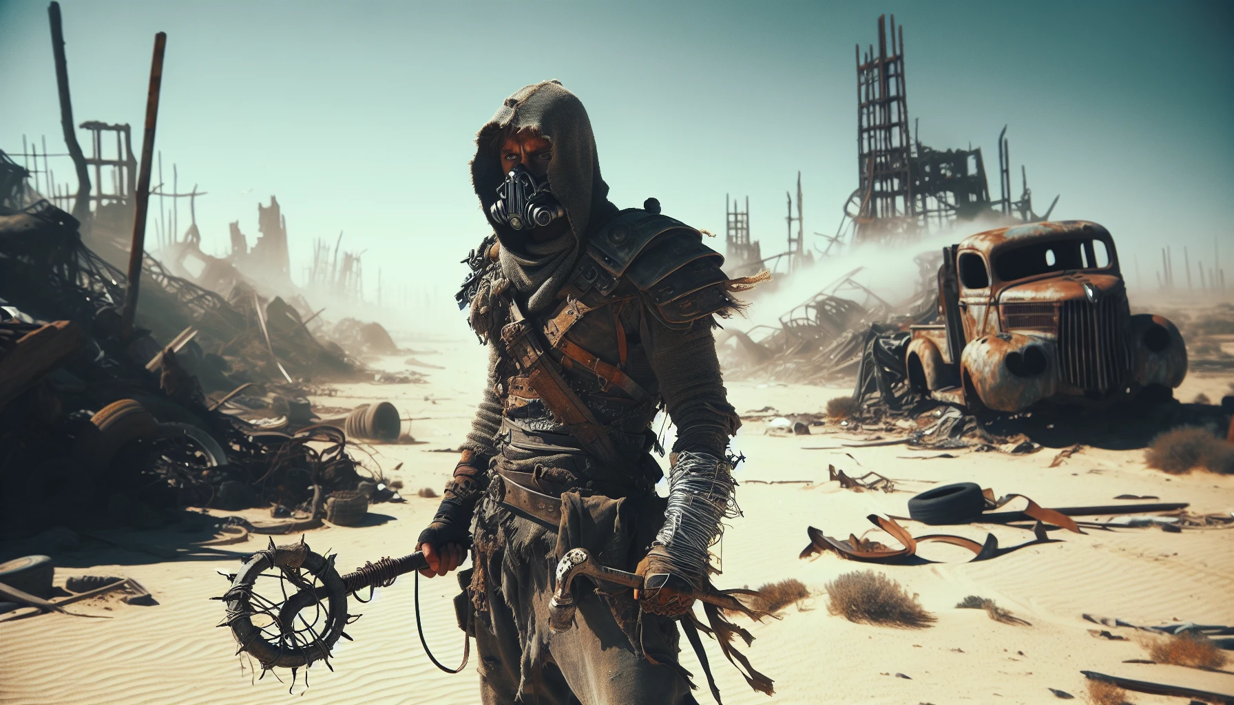 In a desolate, sun-bleached landscape littered with remnants of civilization, a fierce warrior stands, embodying resilience and survival. Clad in tattered armor pieced together from salvaged materials, their fierce gaze pierces through dust and debris. In one hand, a makeshift weapon—an old tire iron wrapped in barbed wire—gleams ominously. The wind whips through the skeletal remains of a city behind them, whispering tales of loss and strength.