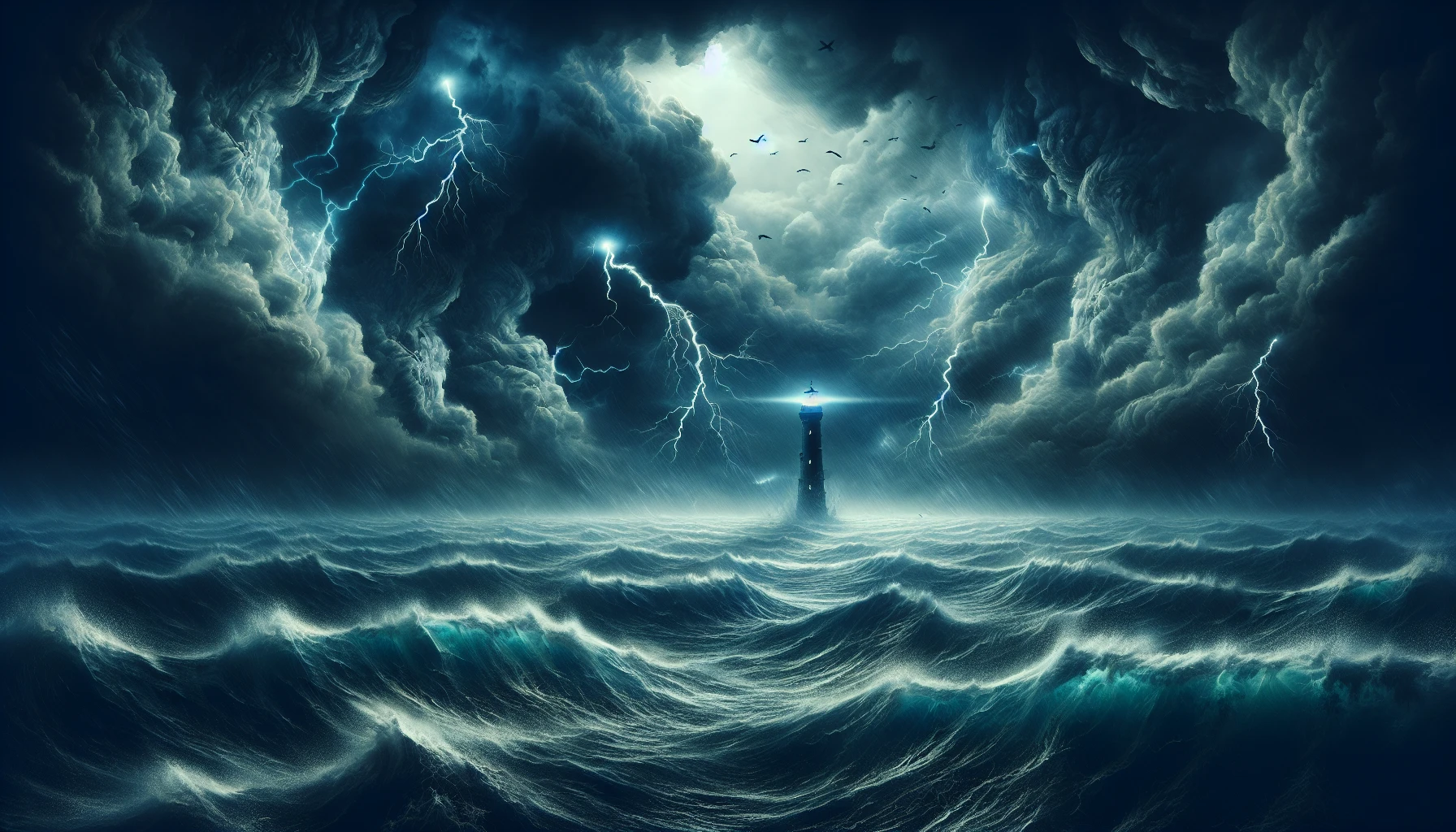 A tumultuous ocean roars with crashing waves, each liquid crest illuminated by flashes of lightning in a dark, brooding sky. In the distance, a steadfast lighthouse stands defiantly against the chaos, its beacon of light slicing through the stormy gloom. The air is charged with anticipation, as the swirling winds whip around, blending the fierce beauty of nature with the unwavering strength of human ingenuity.