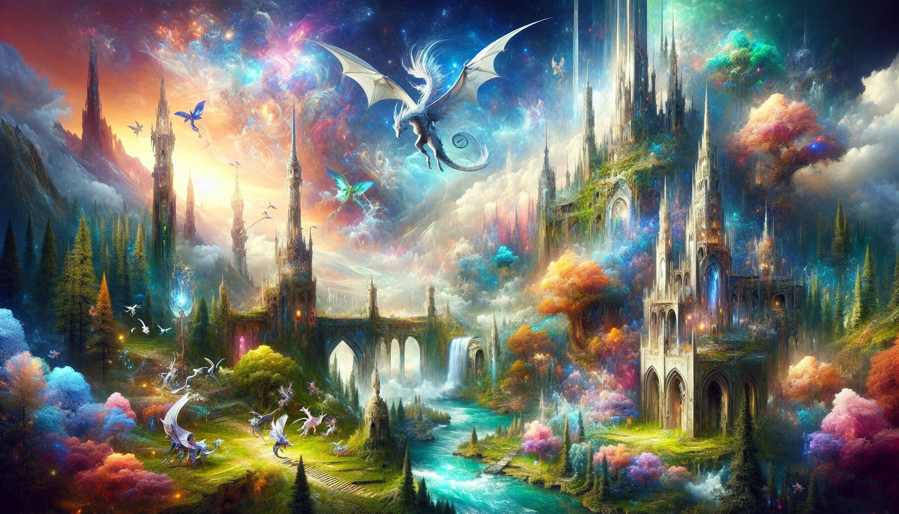 Imagine a breathtaking scene where lush, vibrant landscapes from various fantasy worlds intertwine. Towering castles with shimmering spires rise amidst enchanted forests filled with luminescent flora. A majestic dragon soars above, casting shadows over ancient ruins, while whimsical creatures roam the grounds below. The sky dances with celestial bodies, creating a mesmerizing blend of colors that ignites the imagination, inviting viewers to explore this fantastical realm.