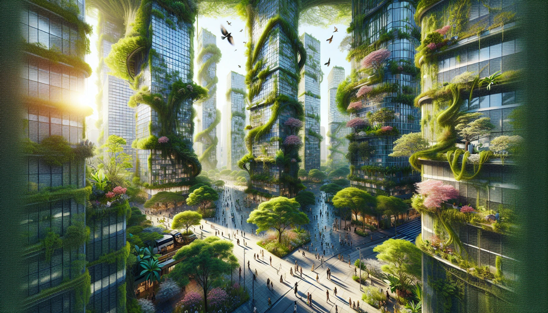 Imagine a bustling cityscape where vibrant greenery intertwines with towering skyscrapers. Lush vines cascade down the sides of buildings, while flowers bloom from rooftop gardens. In this scene, people stroll through streets shaded by trees, the sunlight filtering through leaves, casting dappled patterns on the pavement. Birds chirp and flutter between branches, creating a harmonious blend of urban living and nature’s resilience, inviting viewers to appreciate the beauty of coexistence.