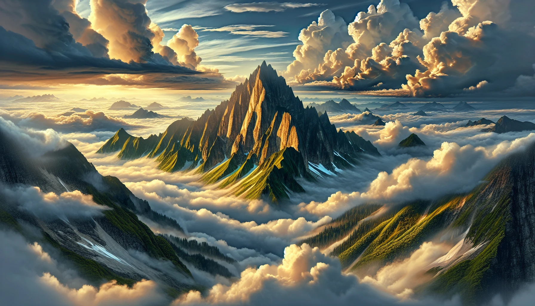 Capture the breathtaking beauty of a towering mountain peak piercing through a sea of fluffy white clouds. The sunlight bathes the summit in a golden glow, illuminating the rugged rocks and vibrant greenery that cling to its slopes. The atmosphere is serene, with wisps of mist curling around the base, inviting the viewer to explore this tranquil yet awe-inspiring landscape.