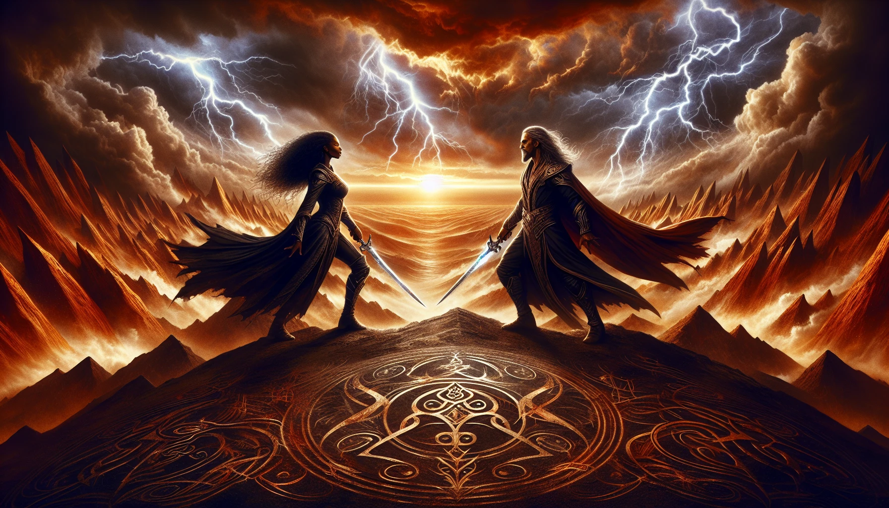 In a dramatic landscape, two powerful warriors stand poised for battle, their eyes locked in fierce determination. Lightning crackles in the stormy sky above, illuminating the tension that electrifies the air. The ground trembles beneath their feet as ancient sigils swirl around them, a testament to their legendary abilities. The clash of their weapons will echo through the ages, marking this moment as one of epic destiny.