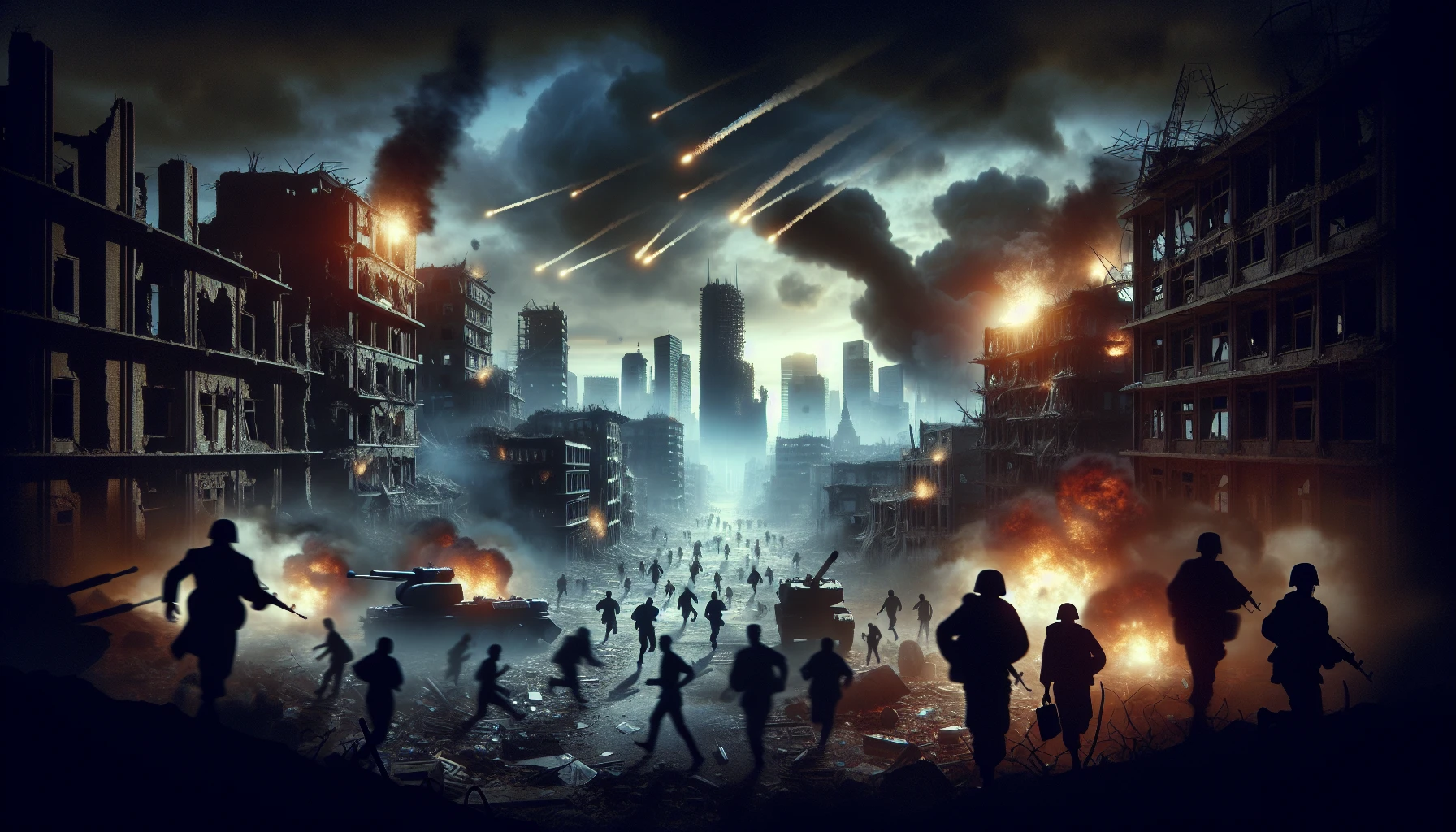 Visualize a hauntingly beautiful war-torn city engulfed in chaos, as heavy artillery fire illuminates the darkened skyline. Smoke billows from crumbling buildings, casting a ghostly haze over the streets below. Shadowy figures dash for cover amidst the chaos, while explosions create fleeting bursts of light against the desolate backdrop. The atmosphere is charged with tension, evoking a sense of urgency and despair in a once-vibrant urban landscape.