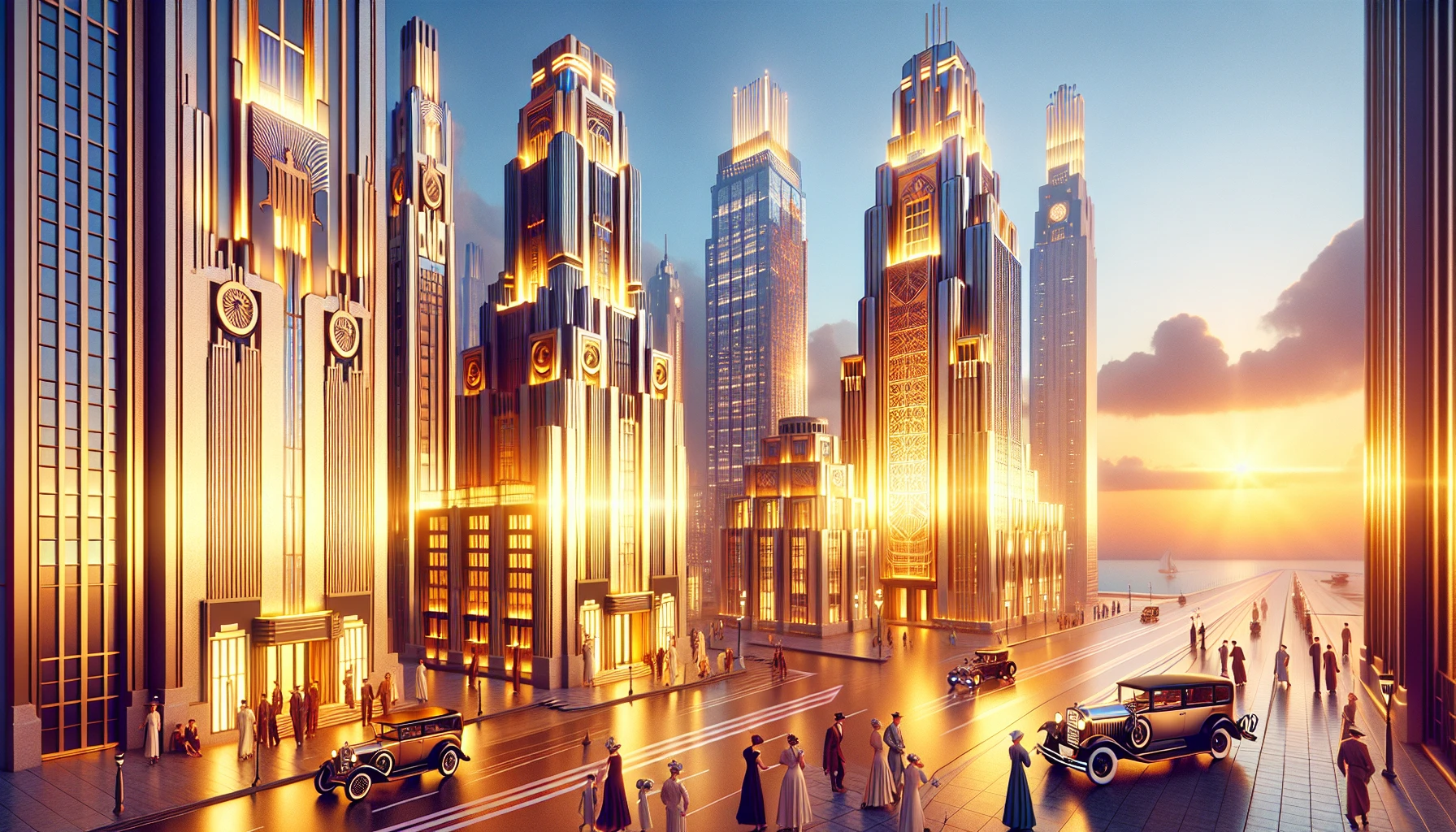 Envision a stunning Art Deco-inspired skyline at dusk, where towering geometric buildings glisten with golden accents. The scene is alive with vibrant colors as the setting sun casts a warm glow over intricate façade details, showcasing bold lines and symmetrical designs. Below, vintage cars glide along the street, while elegantly dressed figures stroll, embodying the glamour and opulence of the roaring twenties in this enchanting urban landscape.