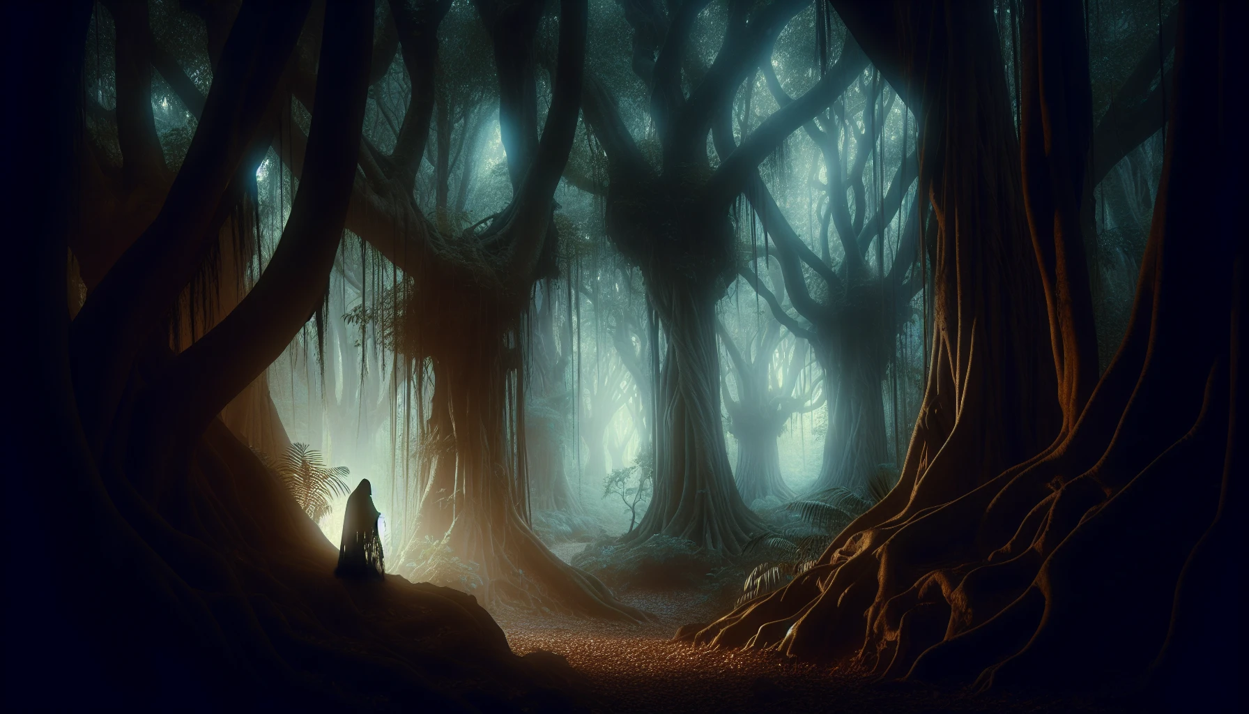 In a dimly lit forest, ancient trees twist and turn like guardians of secrets. A soft mist weaves through the gnarled roots, revealing ethereal creatures lurking in the shadows. Moonlight filters through the dense canopy, casting a silvery glow on the vibrant foliage. A lone figure, draped in tattered robes, stands at the heart of this enchanted realm, summoning the spirits of nature with whispered incantations, bridging the earthly and supernatural.