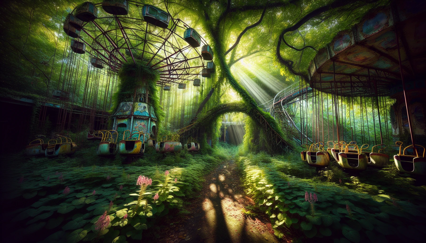 Step into a world where the echoes of laughter fade into silence, as an abandoned theme park lies enveloped by lush, overgrown plants. Rusting rides stand neglected, entwined with vibrant vines and blossoms, while the air is thick with the scent of damp earth and adventure long lost. Sunlight filters through the twisted foliage, casting enchanting shadows that hint at the joy that once thrived here.