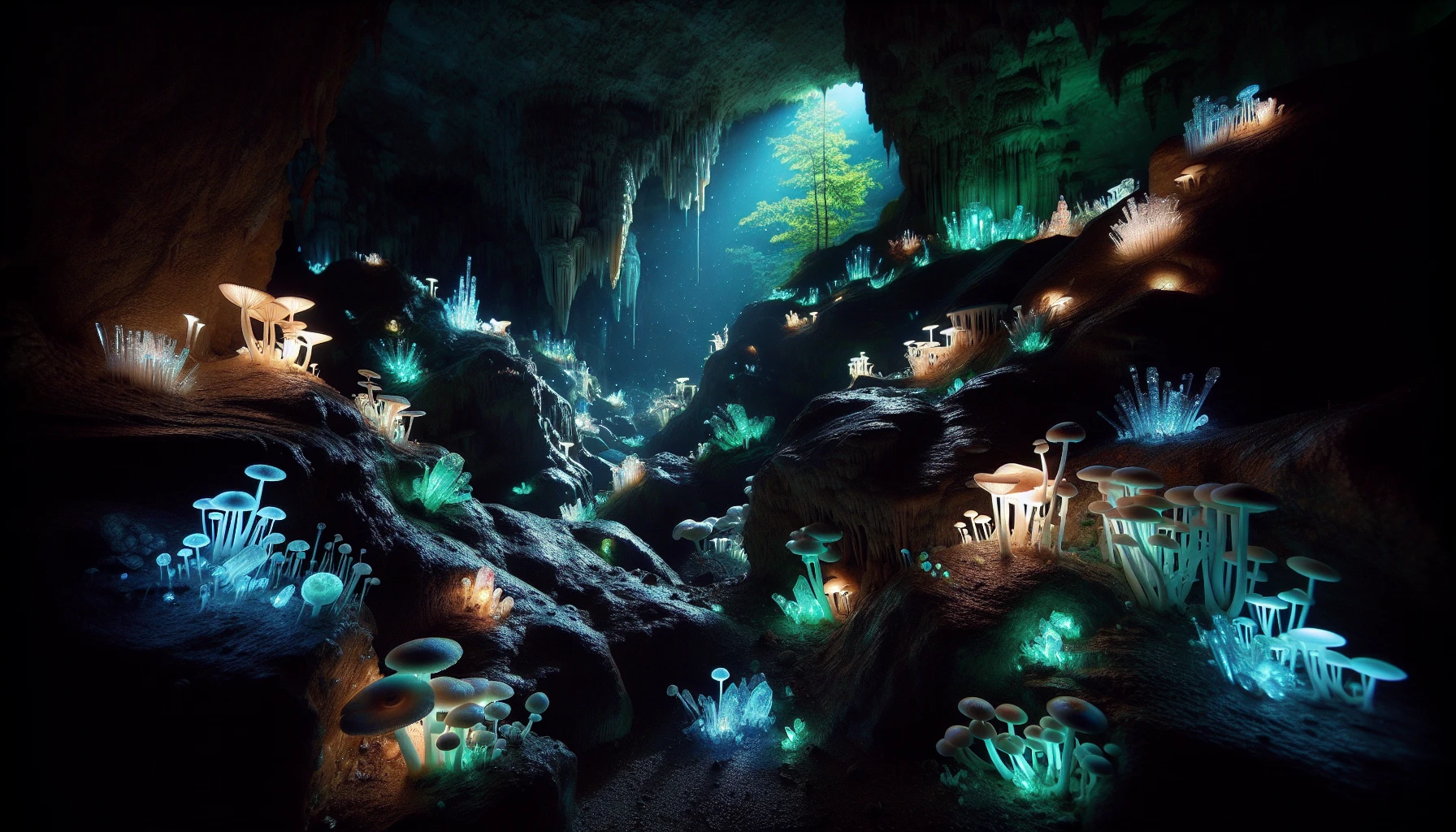 Step into a mesmerizing underground realm where glowing fungi and bioluminescent minerals illuminate the walls of expansive caverns. Delicate, shimmering crystals hang from the ceiling, casting a rainbow of colors across the damp stone. The soft sound of dripping water echoes, while ethereal light dances across the cavern floor, creating a magical atmosphere where nature's hidden beauty thrives in the darkness.