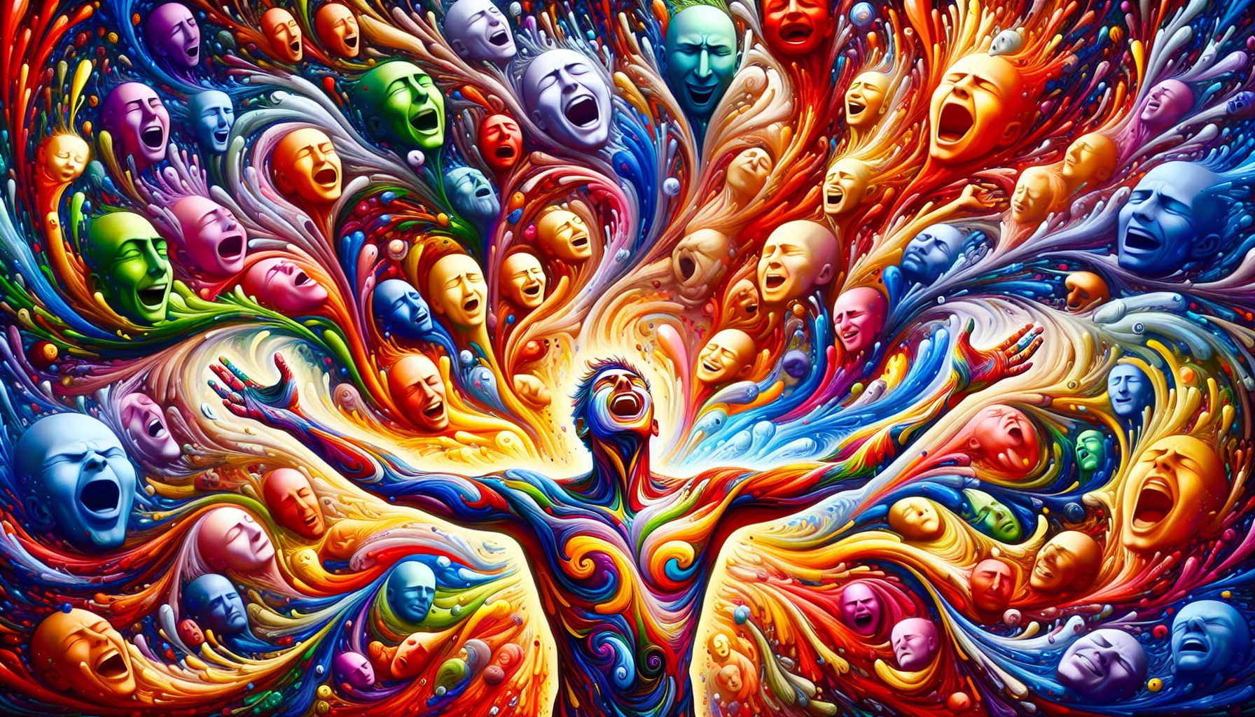 Capture a breathtaking scene where vibrant colors swirl and blend, each hue representing a different emotion. In the center, a figure stands with arms wide open, allowing a cascade of feelings to flow around them. Their face radiates joy, sorrow, anger, and tranquility, each expression harmoniously intertwining. The background is a burst of abstract shapes, echoing the complexity of human emotion, inviting viewers to reflect on their own inner landscapes.