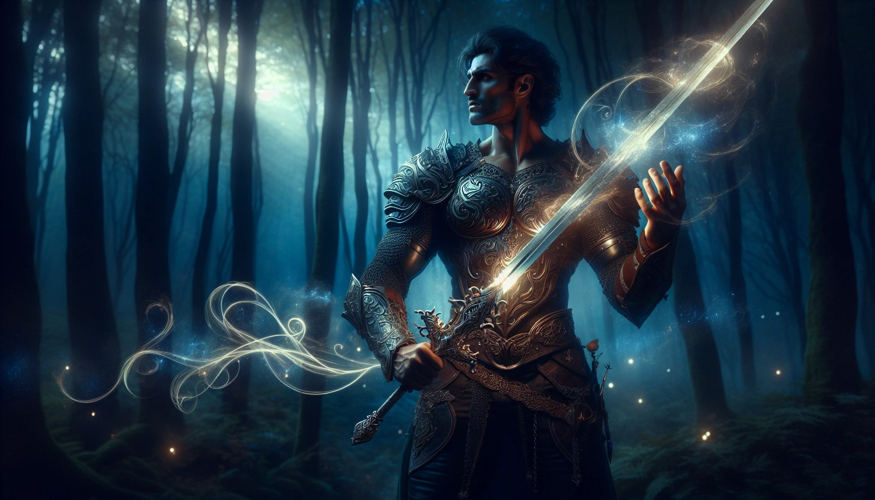 In a mystical forest bathed in twilight, a fierce warrior stands poised, his muscular frame adorned in intricately detailed armor reflecting the last rays of sunset. In his hand, a magnificent sword radiates an ethereal glow, illuminating the surrounding shadows. Wisps of magical energy swirl around him, as creatures of the night watch in awe, ready for the hero's next bold move against the encroaching darkness.