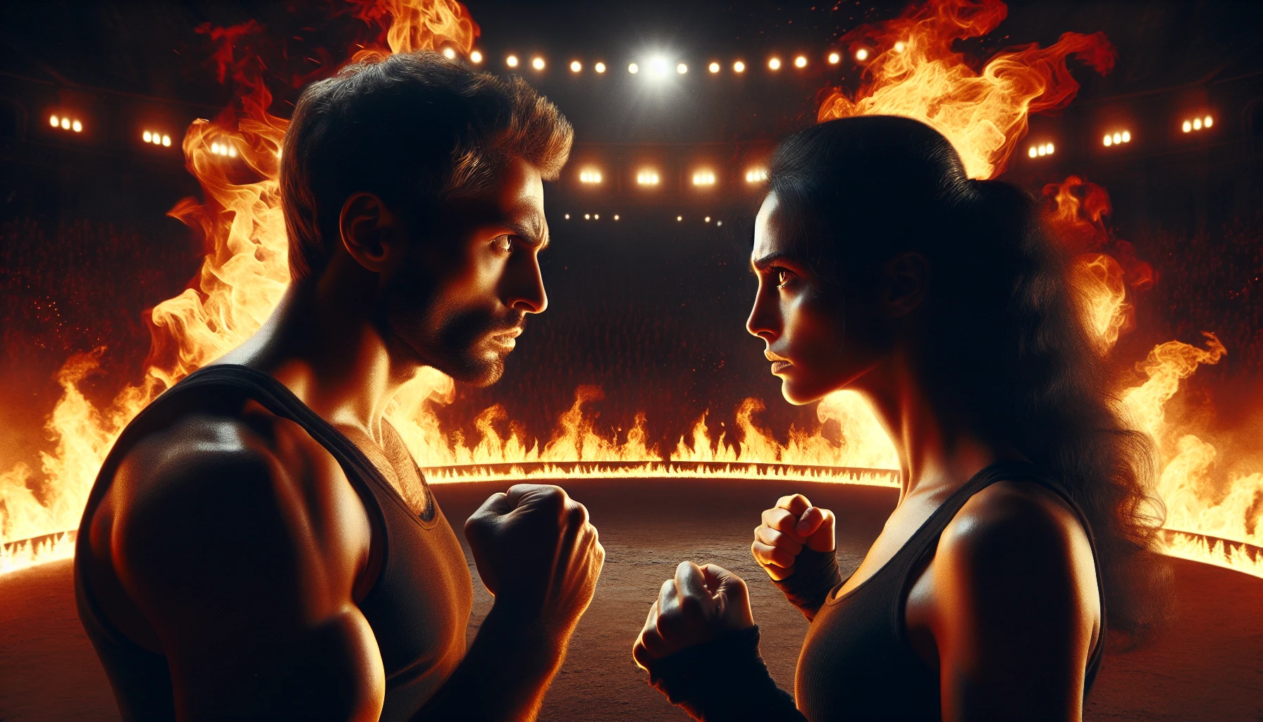 In a dramatic arena, two fierce competitors lock eyes, their expressions fueled by a blend of determination and animosity. The atmosphere crackles with tension as vibrant flames swirl around them, casting dynamic shadows that enhance their intense stares. Each detail—their clenched fists and taut muscles—signals an undeniable rivalry, while the fiery backdrop amplifies the emotional stakes, suggesting an impending clash that could change everything.