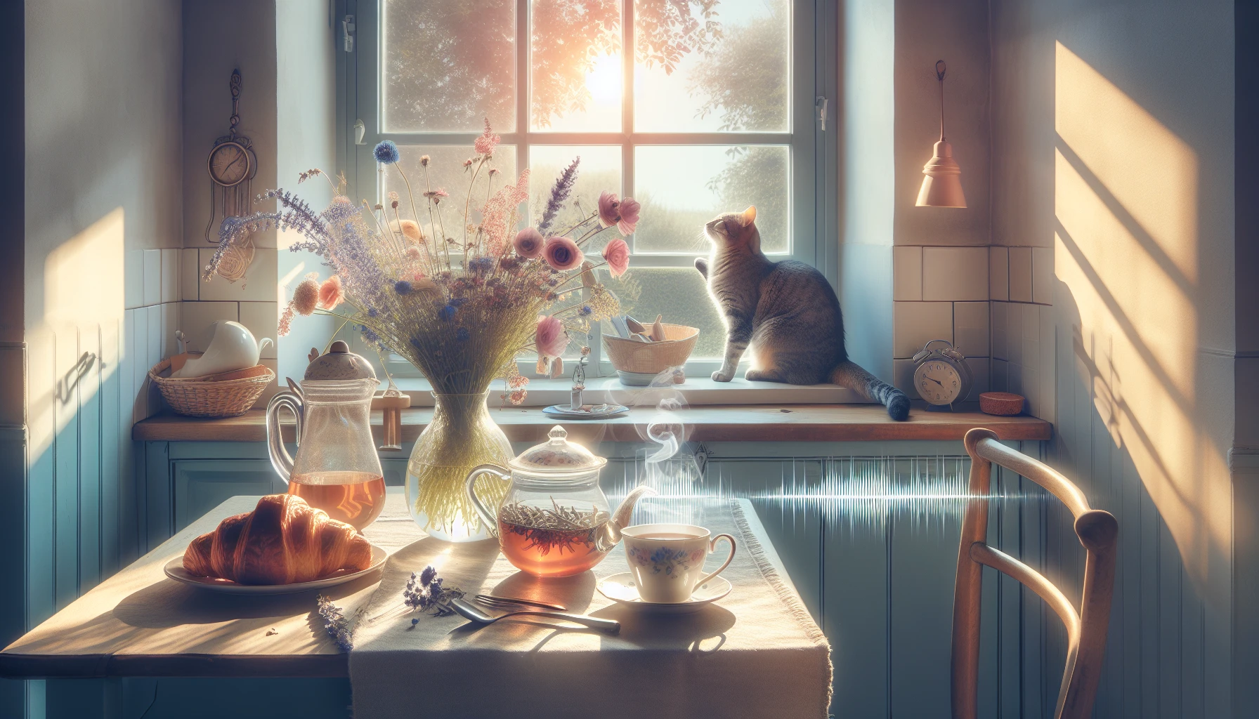 Imagine a serene morning scene where sunlight filters through a quaint kitchen window, illuminating soft pastel hues of pinks and blues. An inviting table is set with a steaming cup of tea, a freshly baked croissant, and a delicate vase of wildflowers. A playful cat stretches lazily on a sunny windowsill, while the faint sound of birds chirping adds to the tranquil ambiance of this slice-of-life moment.