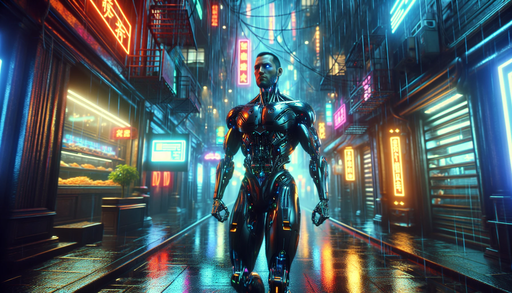 Immerse yourself in a bustling futuristic alley where a cybernetic mercenary strides confidently through the rain-soaked streets. Vibrant neon lights flicker above, casting dramatic reflections on the slick, metallic walls. The atmosphere is electric, filled with the hum of technology and distant chatter. As the mercenary's mechanical limbs glint in the colorful glow, a sense of intrigue and danger unfolds in this high-tech urban landscape.