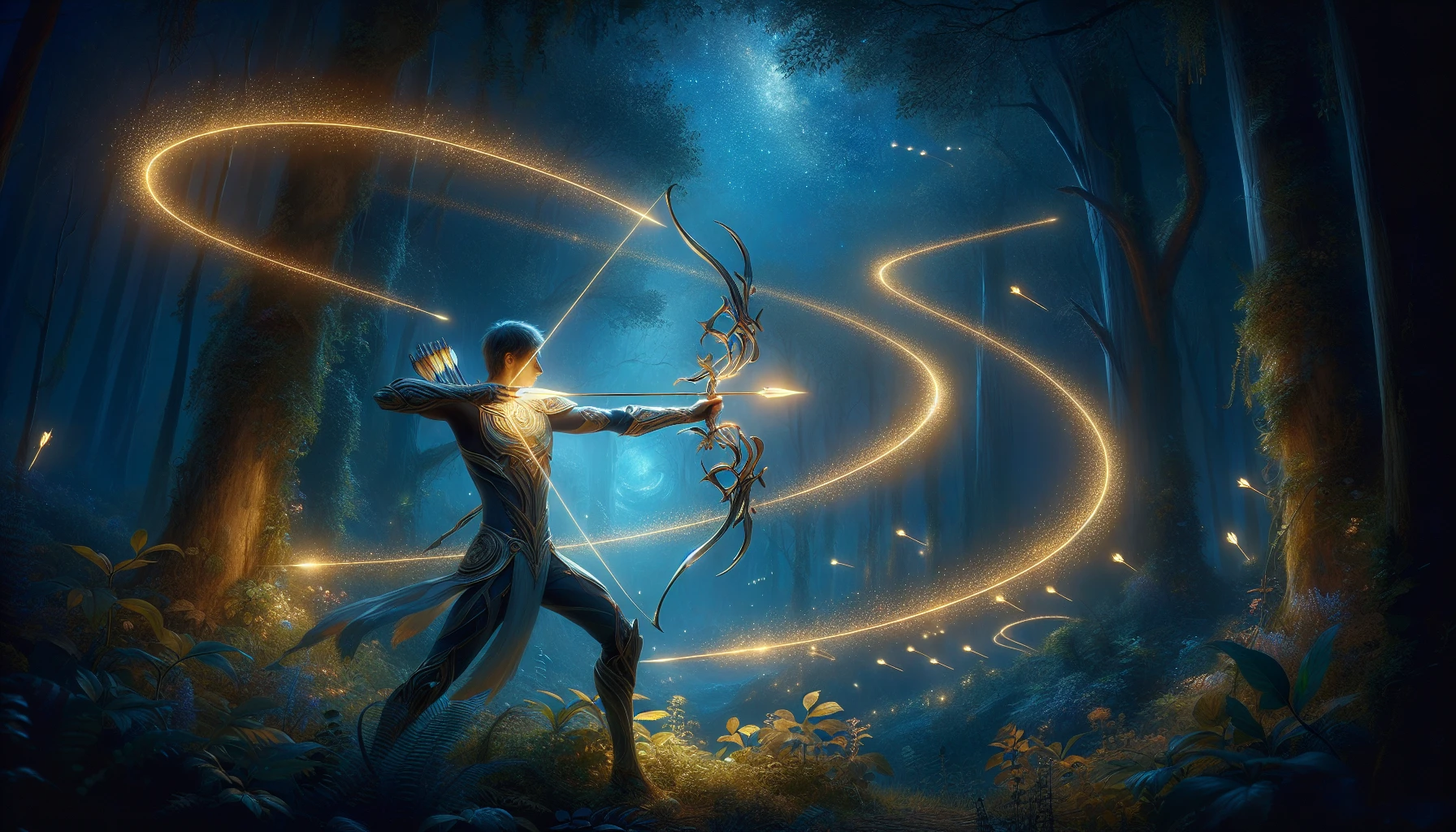 In a mystical forest under a shimmering starry sky, an ethereal archer stands poised, drawing back on a beautifully crafted bow. Each arrow emits a vibrant glow, illuminating the surrounding trees with hues of blue and gold. As the archer releases, a cascade of luminous arrows arcs gracefully through the night, leaving trails of light that dance like fireflies, creating a magical atmosphere alive with energy and wonder.