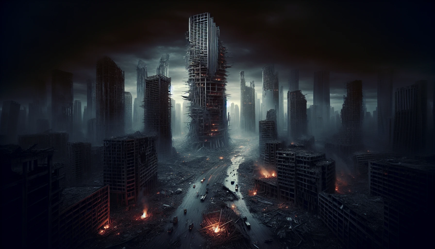 In a hauntingly beautiful scene, a once-majestic skyscraper lies in ruins, its steel and glass structure crumbling after a devastating airstrike. Surrounding debris litters the ground, punctuated by the distant flames and smoke rising into a twilight sky. The remnants of city life are scattered, while shadows cast by the debris create an eerie yet captivating atmosphere, evoking a sense of loss and resilience amidst destruction.