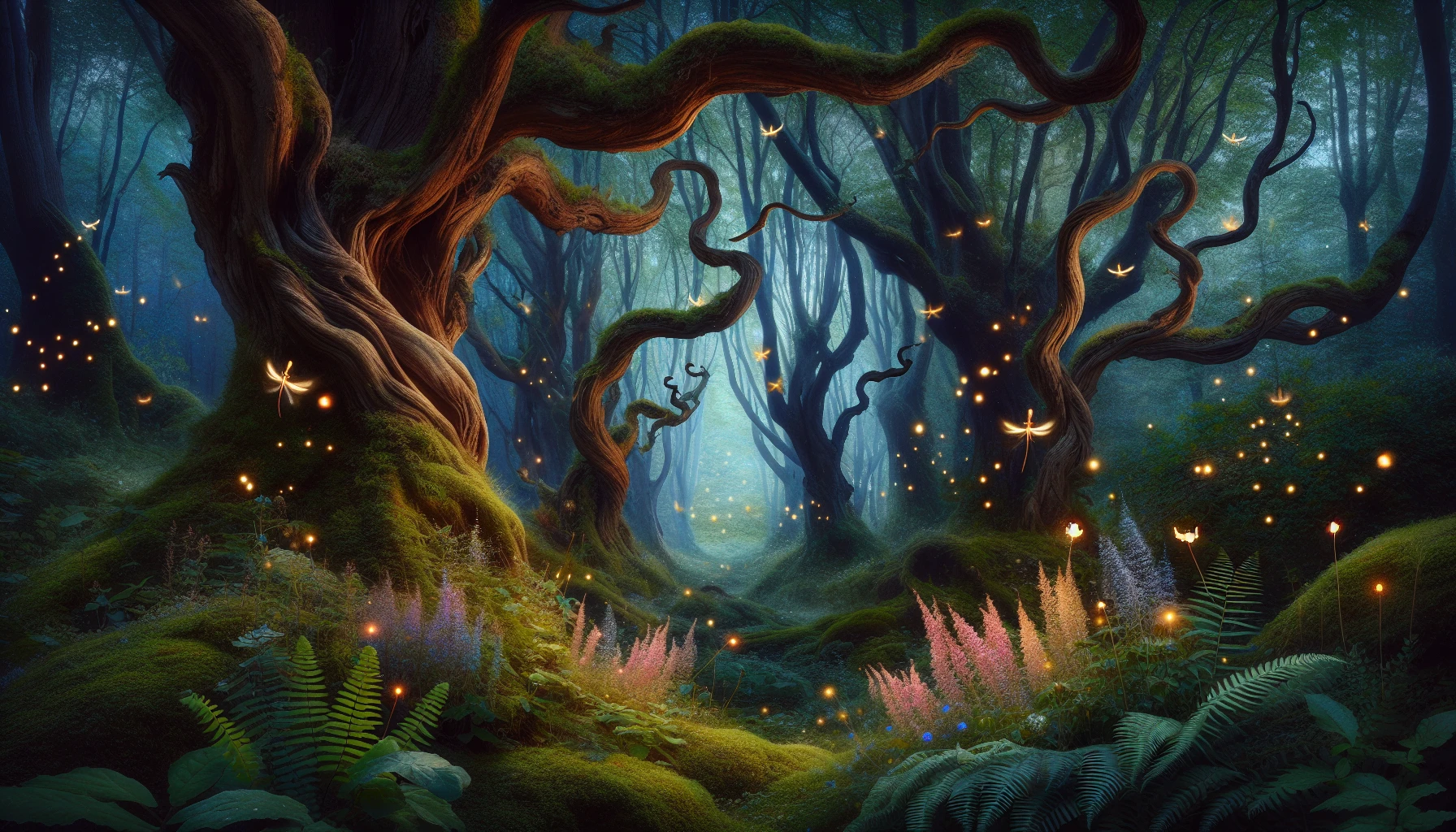 A mystical scene unfolds in the Whispering Woods, where ancient trees tower overhead, their gnarled branches swaying gently as if sharing secrets. Luminous fireflies dance in the twilight air, casting ethereal glows upon the forest floor carpeted with lush green moss and vibrant wildflowers. A soft breeze carries melodic whispers, inviting the viewer to explore hidden pathways and discover the enchanting creatures that dwell within this magical realm.