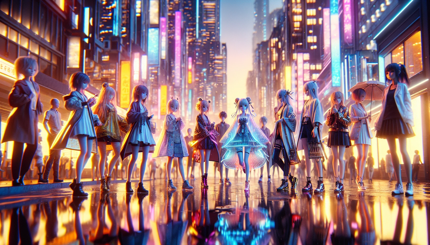 Dive into a mesmerizing blend of 3D-rendered anime and hyper-realistic textures, where vibrant characters come to life in a stunningly detailed environment. Picture a bustling cityscape at twilight, bathed in the soft glow of neon lights, as characters with intricately designed outfits interact amidst rain-slicked streets. Each texture—from the gleam of metal to the softness of fabric—immerses you deeper into a realm where fantasy meets hyper-realism.