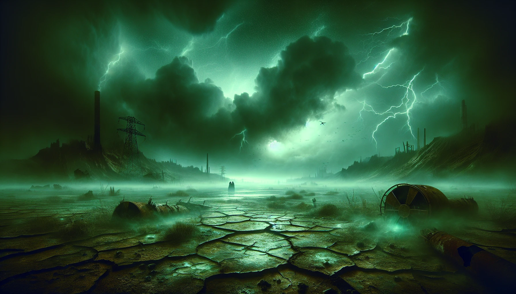 In an eerie landscape where time stands still, a radioactive wasteland sprawls beneath a heavy, tumultuous sky. Patches of cracked earth are shrouded in a shimmering green fog, casting unsettling shadows. Rusted remnants of civilization peek through, half-buried in toxic soil. The air crackles with an electric tension, as ghostly silhouettes drift through the mist, whispering tales of a world long lost to decay and devastation.