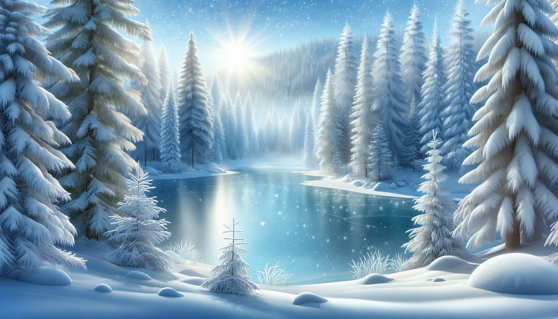 Capture a serene winter scene of a tranquil frozen lake, its surface glistening under the pale winter sun. Surrounding the lake, towering evergreen trees blanket in soft, white snow, their branches heavy with frost. The stillness in the air is palpable, broken only by the gentle crunch of snow underfoot. A delicate mist hovers just above the ice, adding an air of mystery to this pristine landscape.