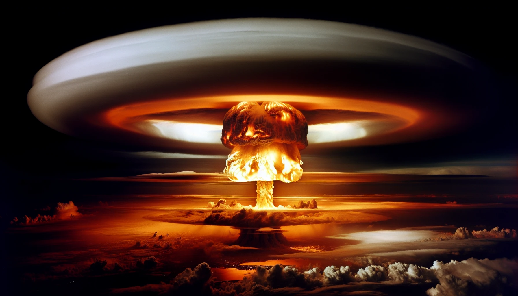 A colossal nuclear explosion erupts, casting a brilliant orange and yellow glow across the sky. The iconic mushroom cloud billows upward, swirling with dark gray and white smoke, stretching high into the atmosphere. The ground trembles as shockwaves radiate outward, scattering debris and igniting a surreal landscape. In the foreground, silhouettes of desolate structures create an eerie contrast, emphasizing the overwhelming power and devastation of the explosion.