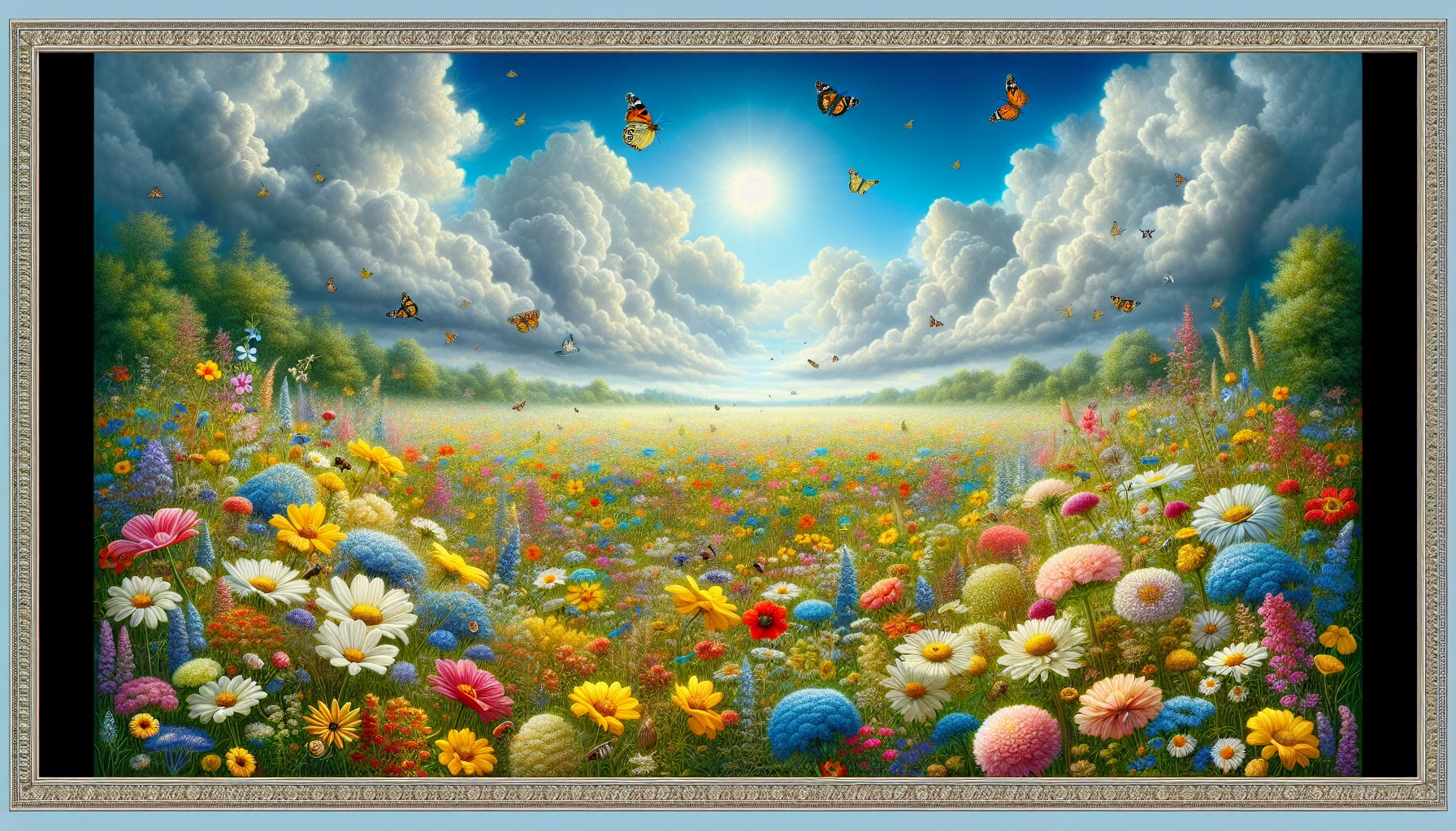 Imagine a serene meadow bursting with vibrant wildflowers in full bloom, each petal reflecting the sunlight. Above, a flawless azure sky stretches endlessly, dotted with a few soft, white clouds. The gentle breeze carries the sweet fragrance of nature, while bees and butterflies dance from flower to flower. This tranquil scene invites you to wander through its beauty, encapsulating the essence of a perfect spring day.