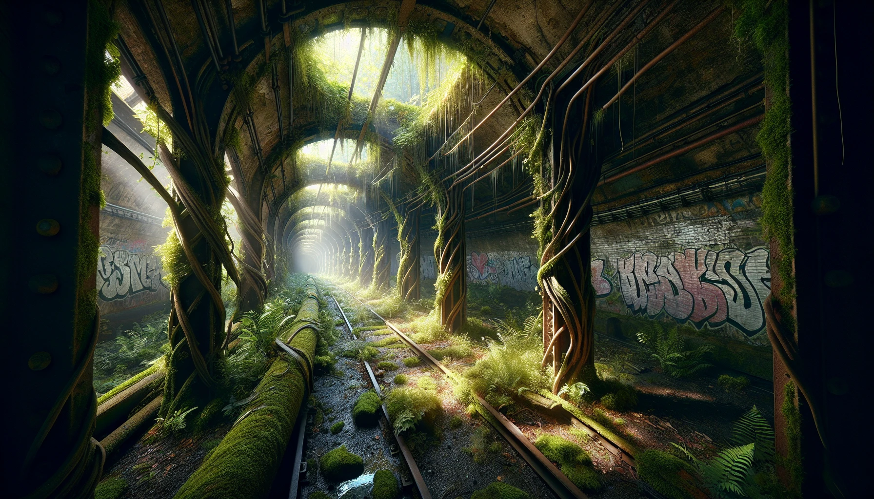 Imagine a forgotten subway tunnel, nature reclaiming its territory. Vines intertwine with rusted metal beams, while shafts of sunlight filter through cracks, illuminating vibrant moss and ferns. Exotic birds nest in overhead piping, and small animals scurry among graffiti-laden walls. The air is thick with humidity, mixing the earthy scent of soil with the distant echo of water dripping. This enchanting habitat showcases the resilience of life amidst urban decay.