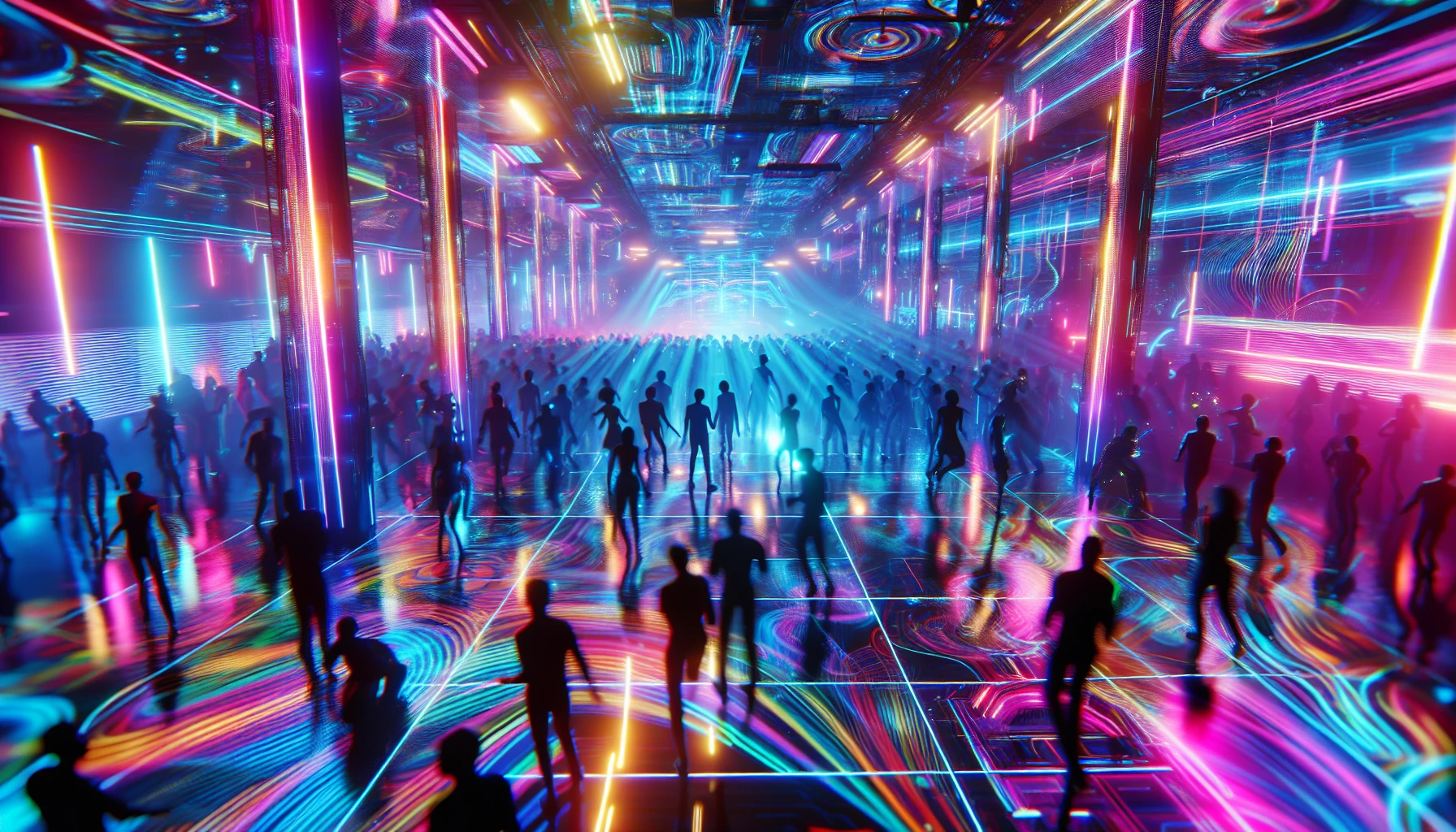 Immerse yourself in a vibrant cyberpunk nightclub, where pulsating neon lights cast colorful reflections across a packed dance floor. Dancers move energetically, their silhouettes blending with the dynamic beams of light. High-tech decor frames the scene, while holographic visuals swirl around the space, creating an atmosphere of electric energy. The air is thick with excitement, music thumping as the crowd loses themselves in the rhythm of the night.