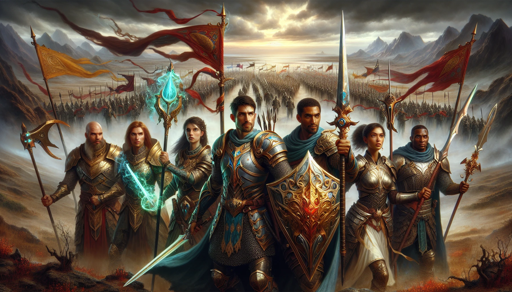 In a tumultuous landscape, a fierce band of warriors stands united against a looming, shadowy army advancing across a barren field. Clad in intricate armor that glimmers under a stormy sky, they wield weapons steeped in ancient magic. Their faces, etched with determination and bravery, reflect a deep connection to their homeland. Vibrant banners wave in the wind, symbolizing hope and resilience as they prepare for an epic clash.