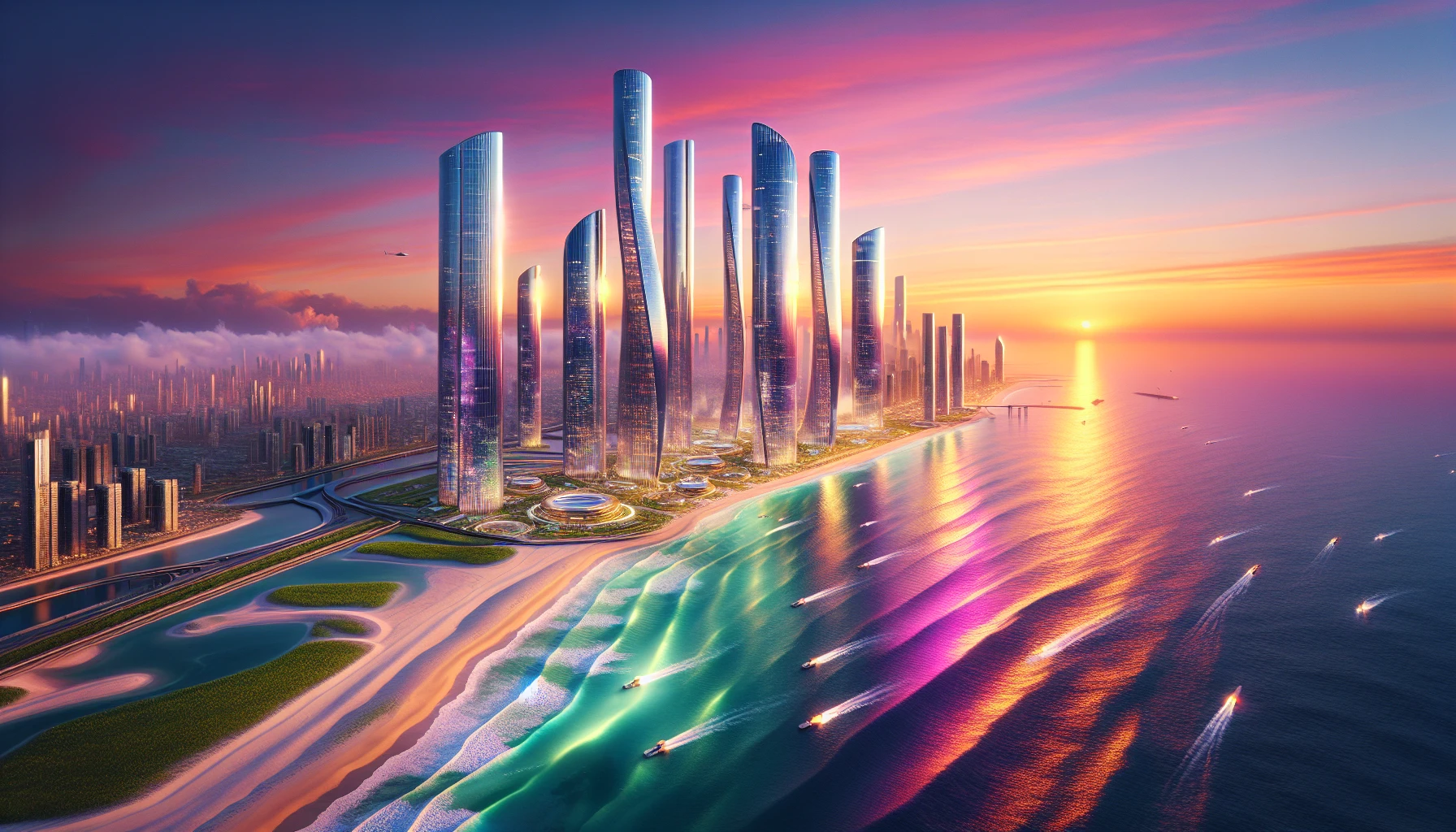 Imagine a stunning coastal city where sleek, towering skyscrapers rise above the waves, their glass façades reflecting vivid hues of orange, pink, and purple from the setting sun. Below, shimmering waves lap against the shores, illuminated by the warm glow of floating solar lights. Hovering vehicles weave through the skyline, while vibrant greenery flanks the shoreline, creating a harmonious blend of nature and cutting-edge technology in this breathtaking sunset scene.