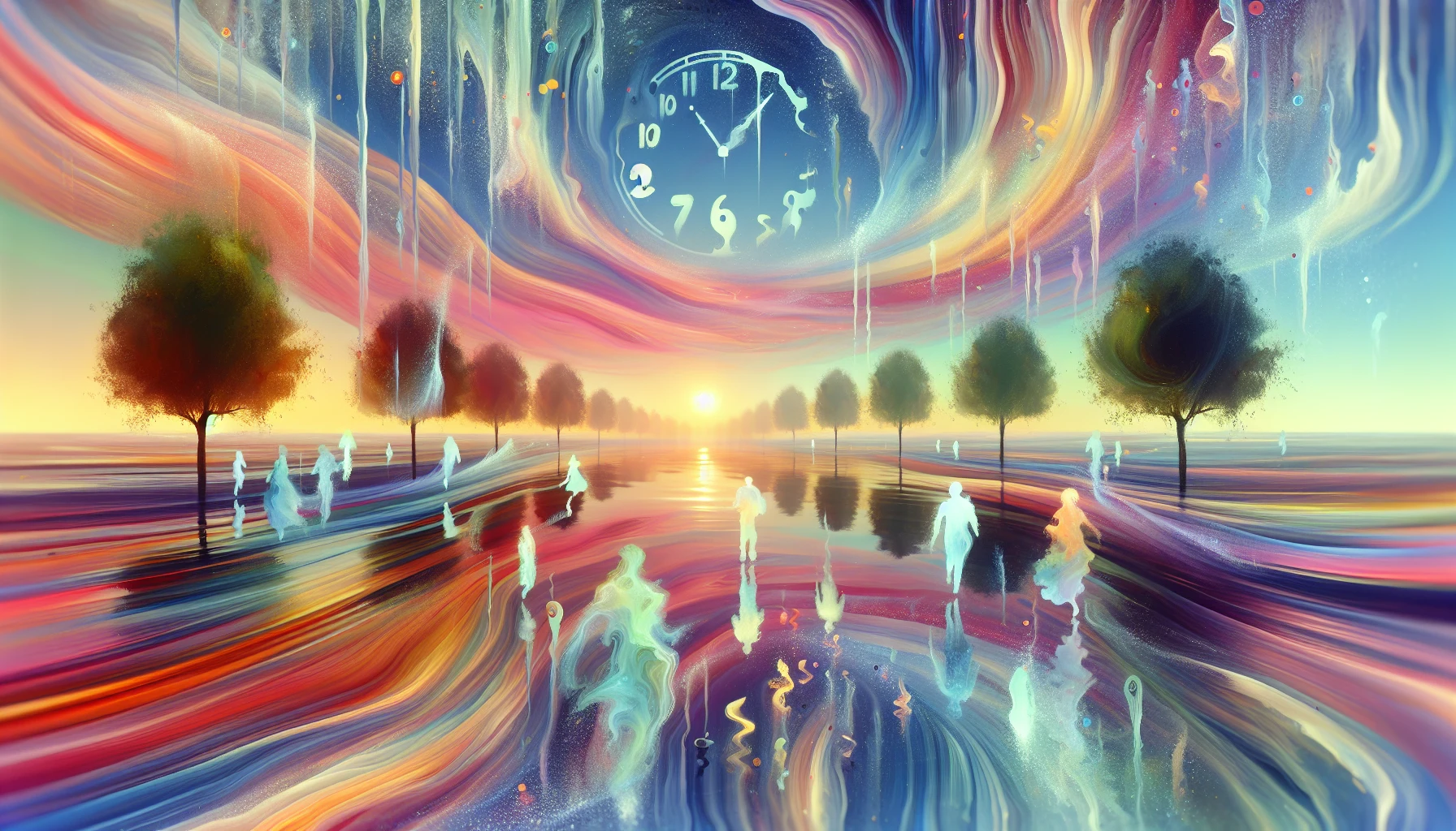 Imagine a surreal landscape where time appears to flow like water, intertwining with delicate memories that drift in and out of focus. Ethereal clocks melt into soft, pastel skies, while ghostly figures of cherished moments dance among swaying trees. Vivid colors pulse with emotions, and fragmented reflections in a tranquil lake reveal glimpses of the past. This dreamlike scene invites viewers to ponder the fluid nature of time and the essence of memory.