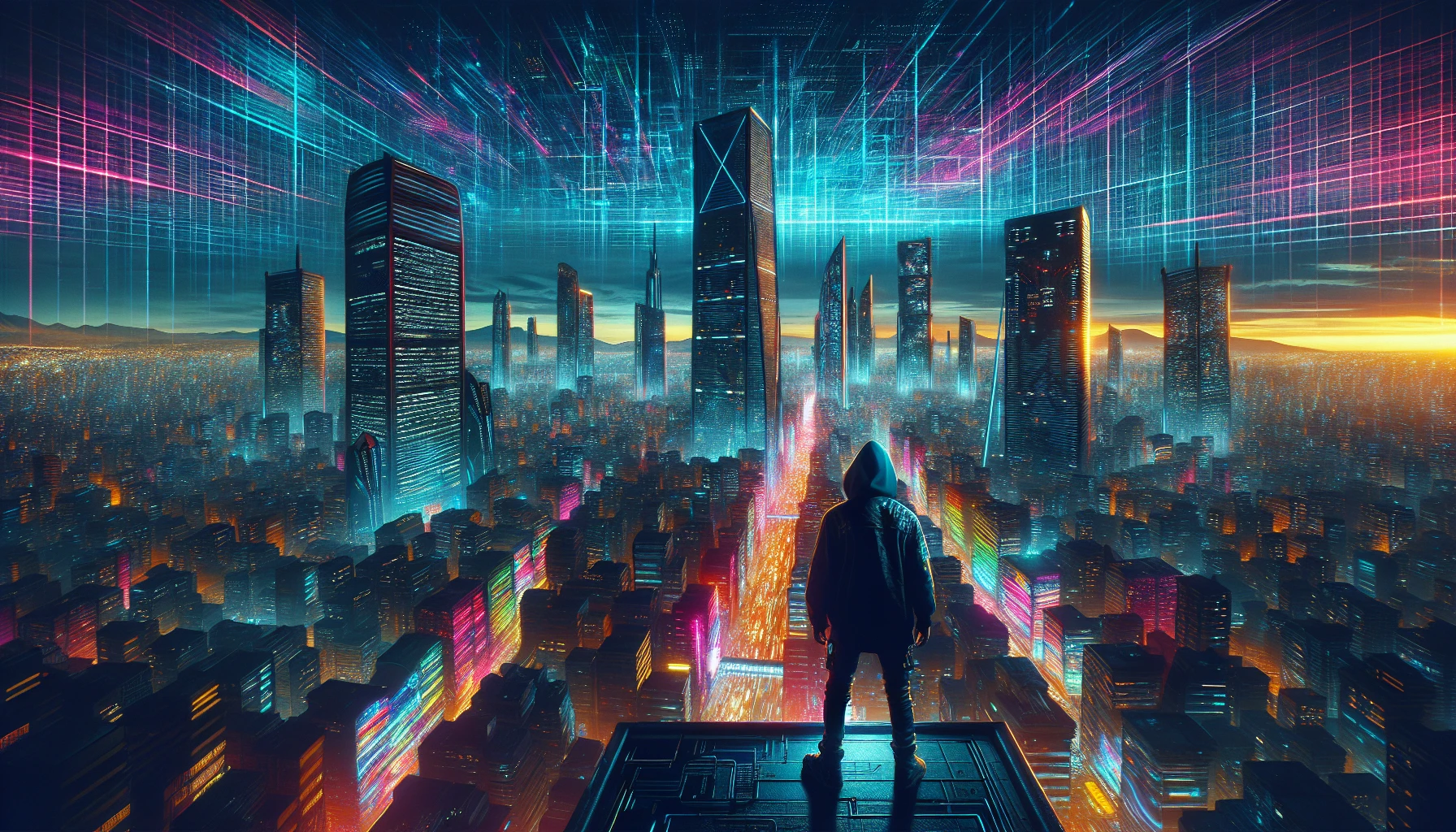 High atop a futuristic urban rooftop, a solitary figure stands, gazing out over a sprawling cyberpunk metropolis. The skyline is adorned with vibrant neon lights that reflect off the sleek glass surfaces, creating a kaleidoscope of color. Above, a digital sky pulses with energy, illuminating the scene with a surreal glow. The atmosphere is thick with mystery and anticipation, inviting exploration of this vibrant, high-tech world.