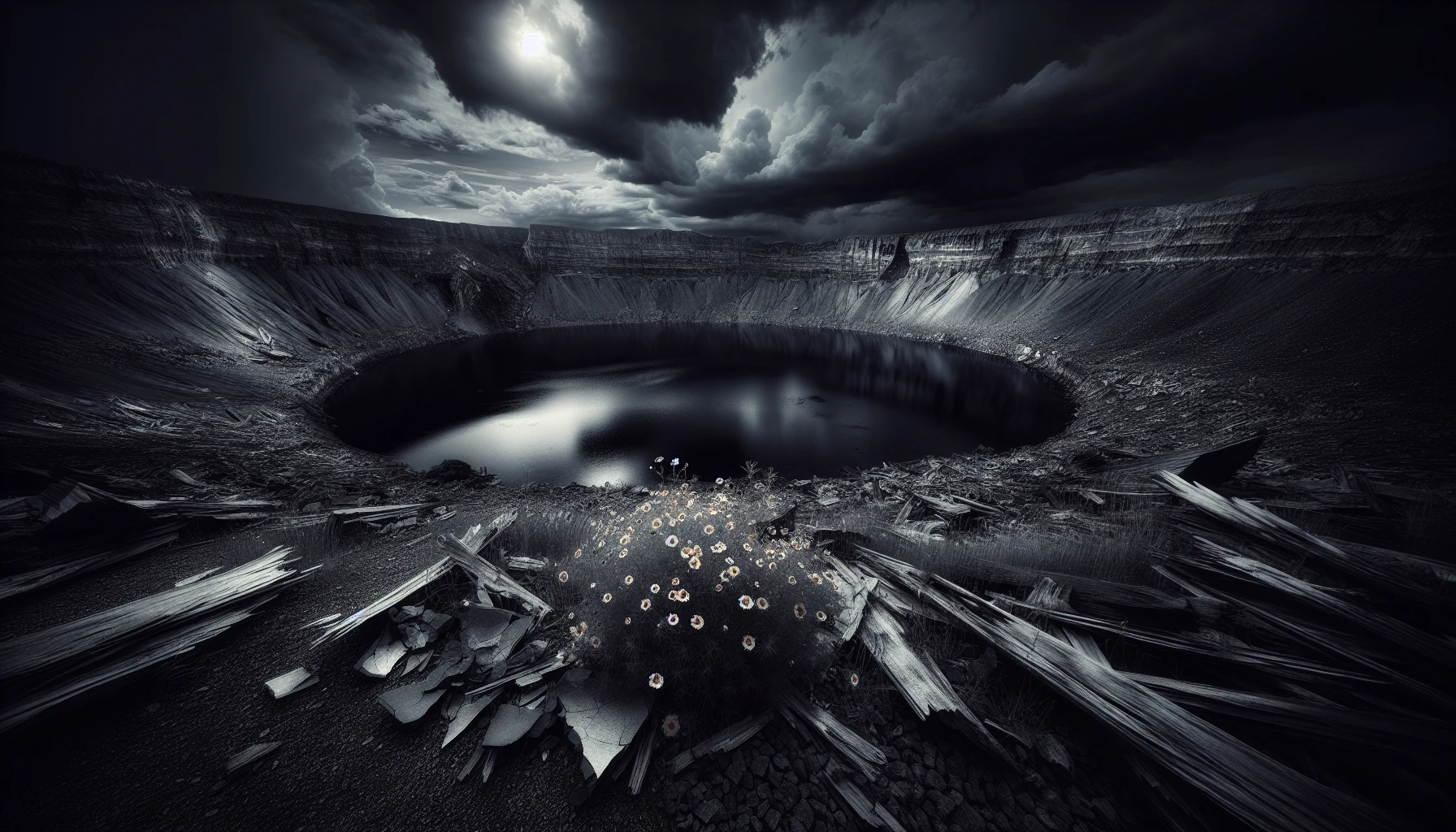 A hauntingly beautiful depiction of a massive bomb crater, its jagged edges creating a stark contrast against the surrounding landscape. In this image, the deep indentation in the earth is filled with shimmering water, reflecting a turbulent sky overhead. Scattered debris and charred remnants of the past lay around, evoking a sense of tragic history, while wildflowers begin to bloom defiantly in the foreground, symbolizing resilience amidst destruction.